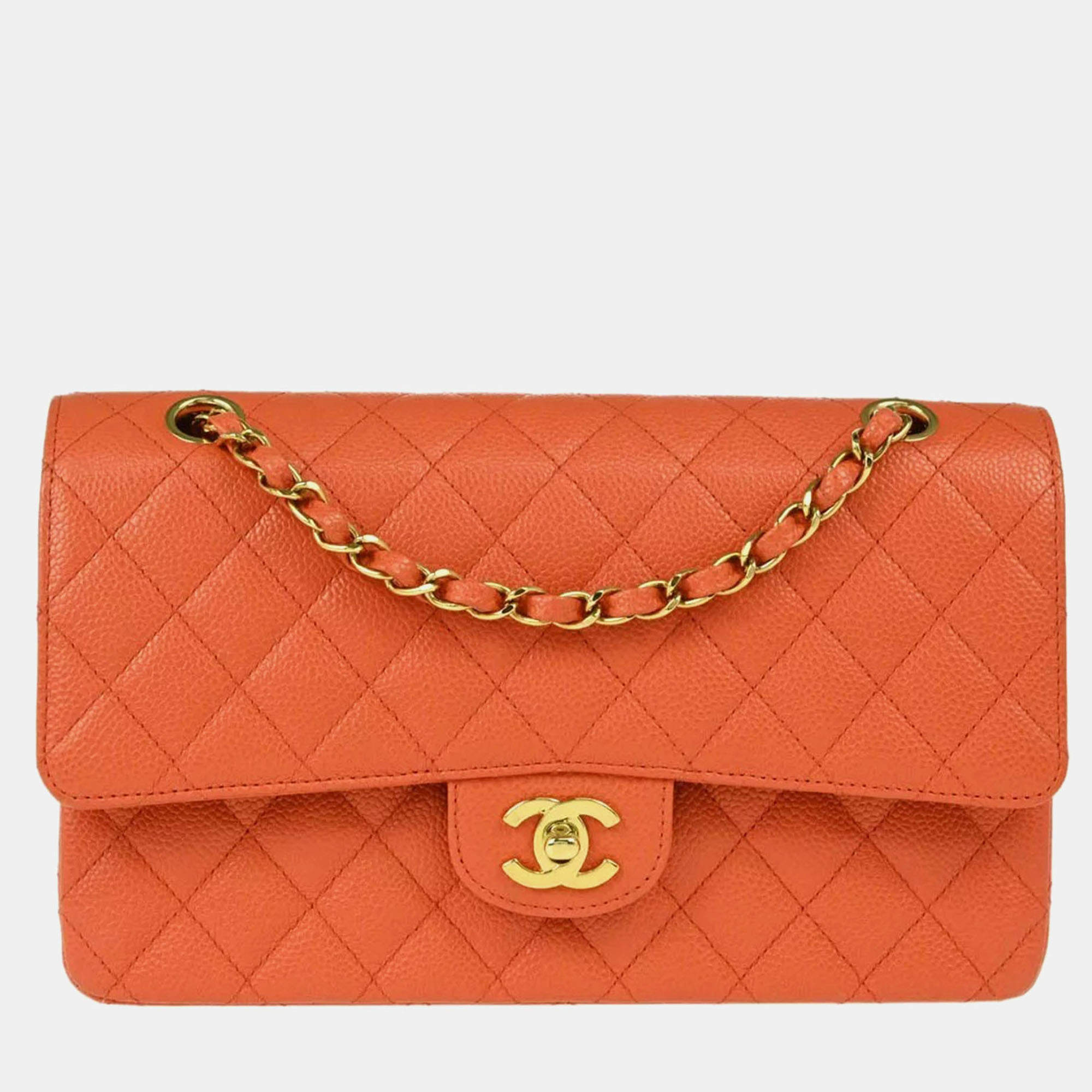 مملوكة مسبقًا Chanel Orange Caviar Leather Medium Classic Double Flap Shoulder Bag
