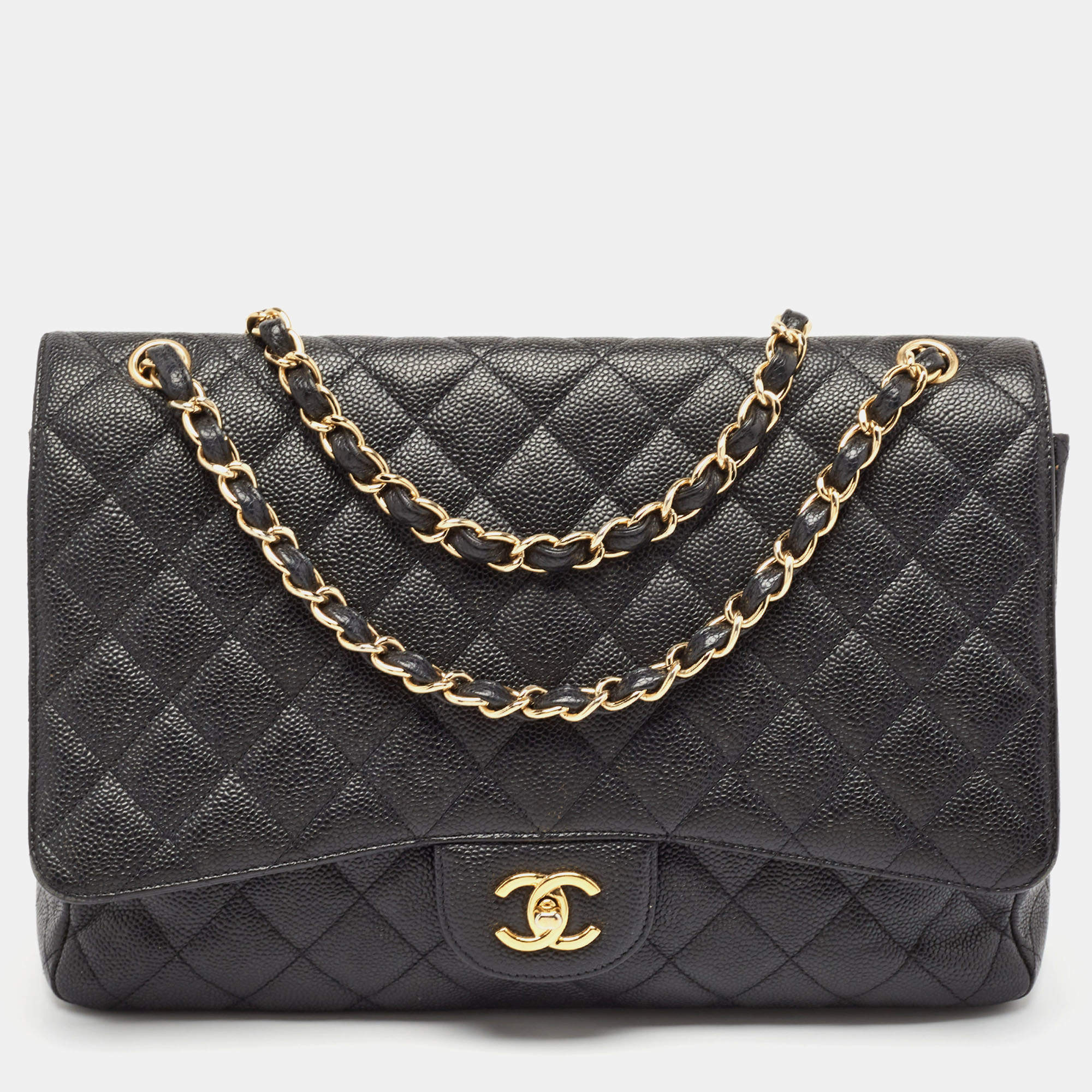 Chanel Black Quilted Caviar Leather Maxi Classic Single Flap Bag