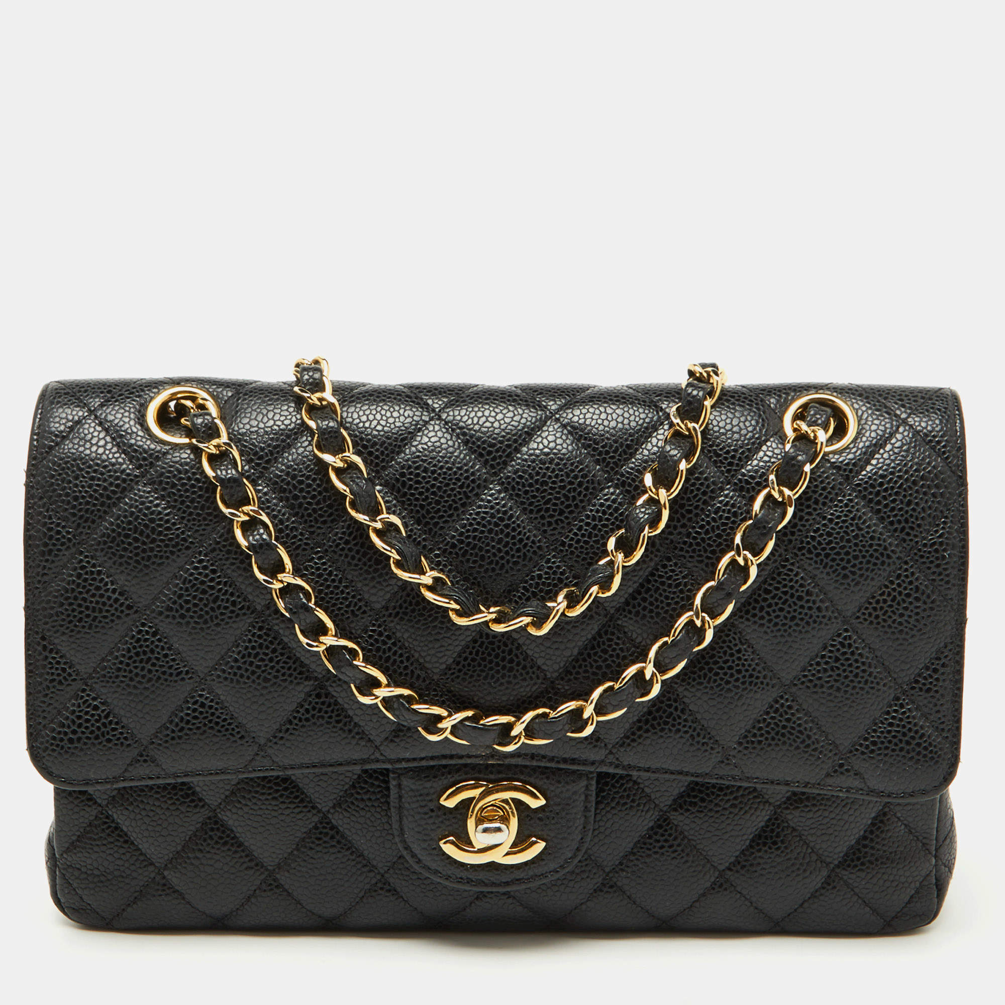 Pre Owned Chanel Black Caviar Quilted Leather Medium Classic Double Flap Bag