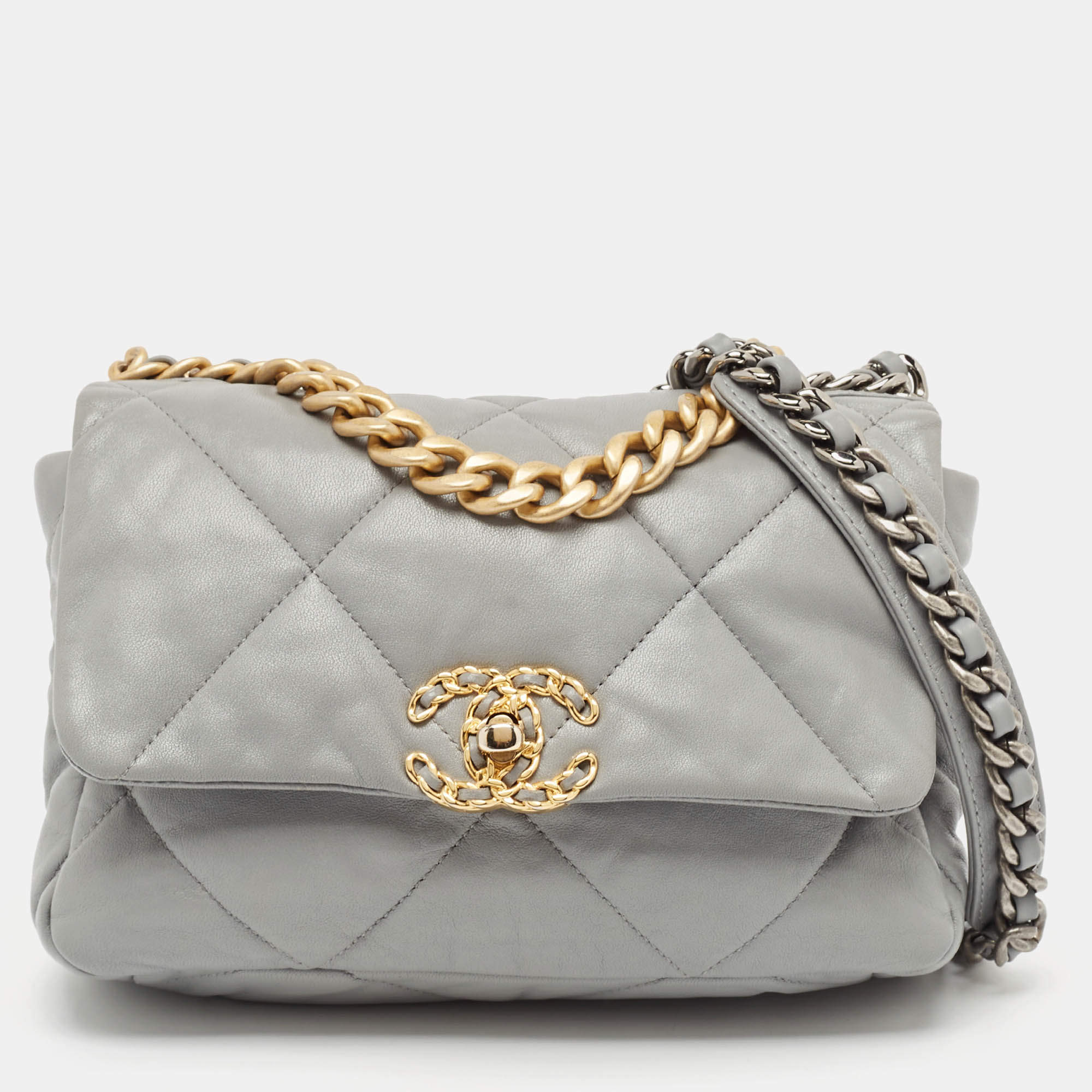 Pre Owned Chanel Grey Quilted Leather Small 19 Flap Bag