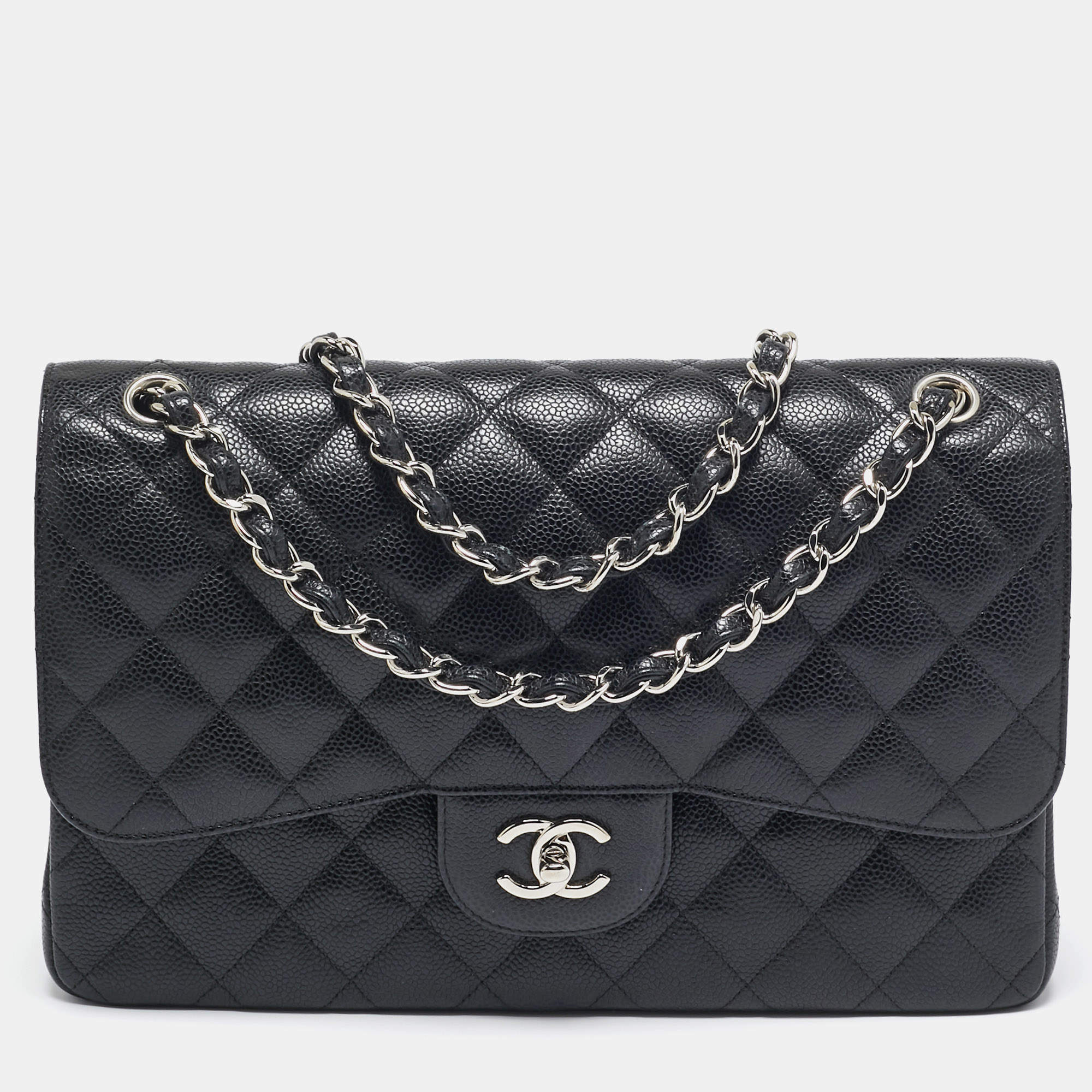 Pre Owned Chanel Black Quilted Caviar Leather Jumbo Classic Double Flap Bag