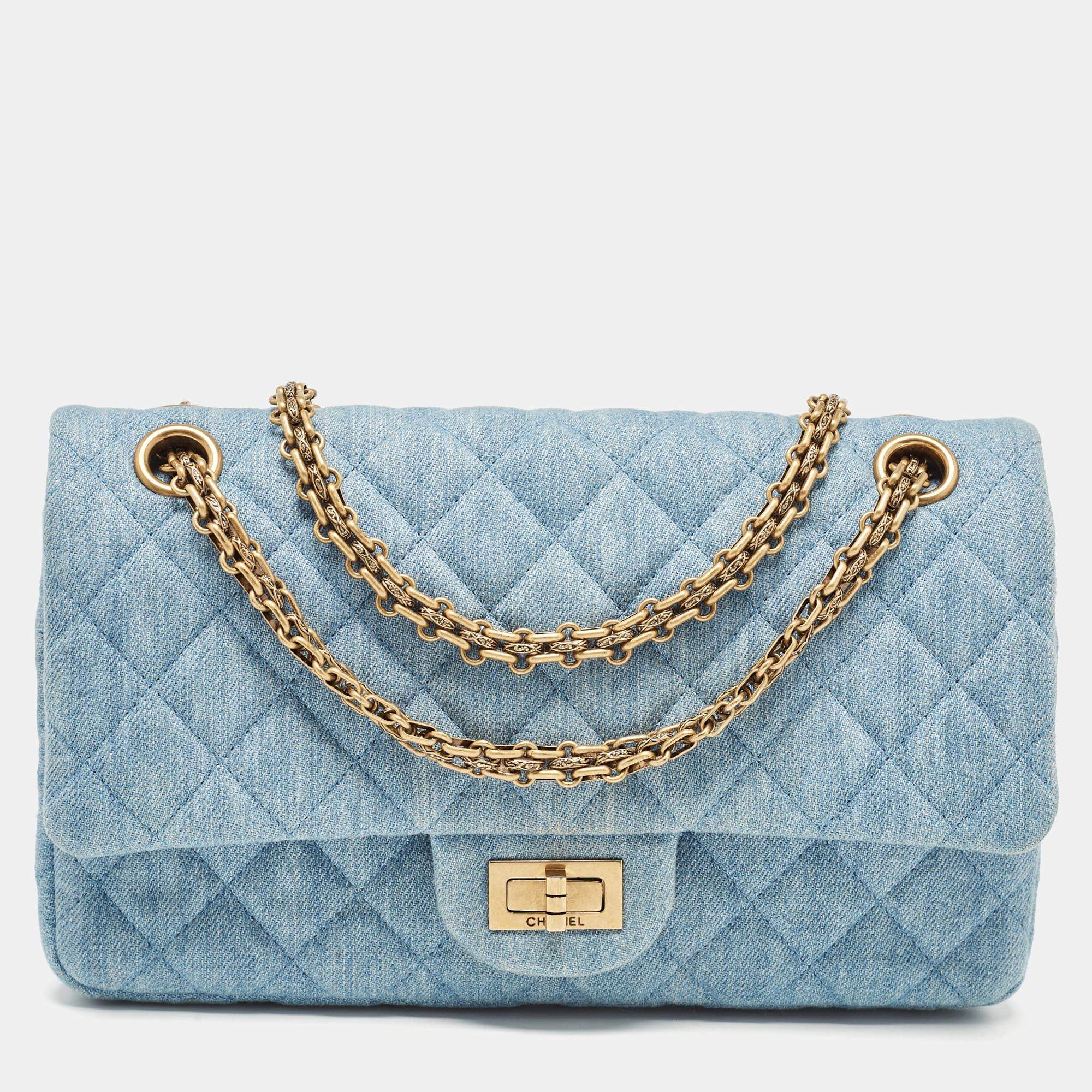 Pre Owned Chanel Light Blue Quilted Denim Classic 225 Reissue 2.55 Flap Bag