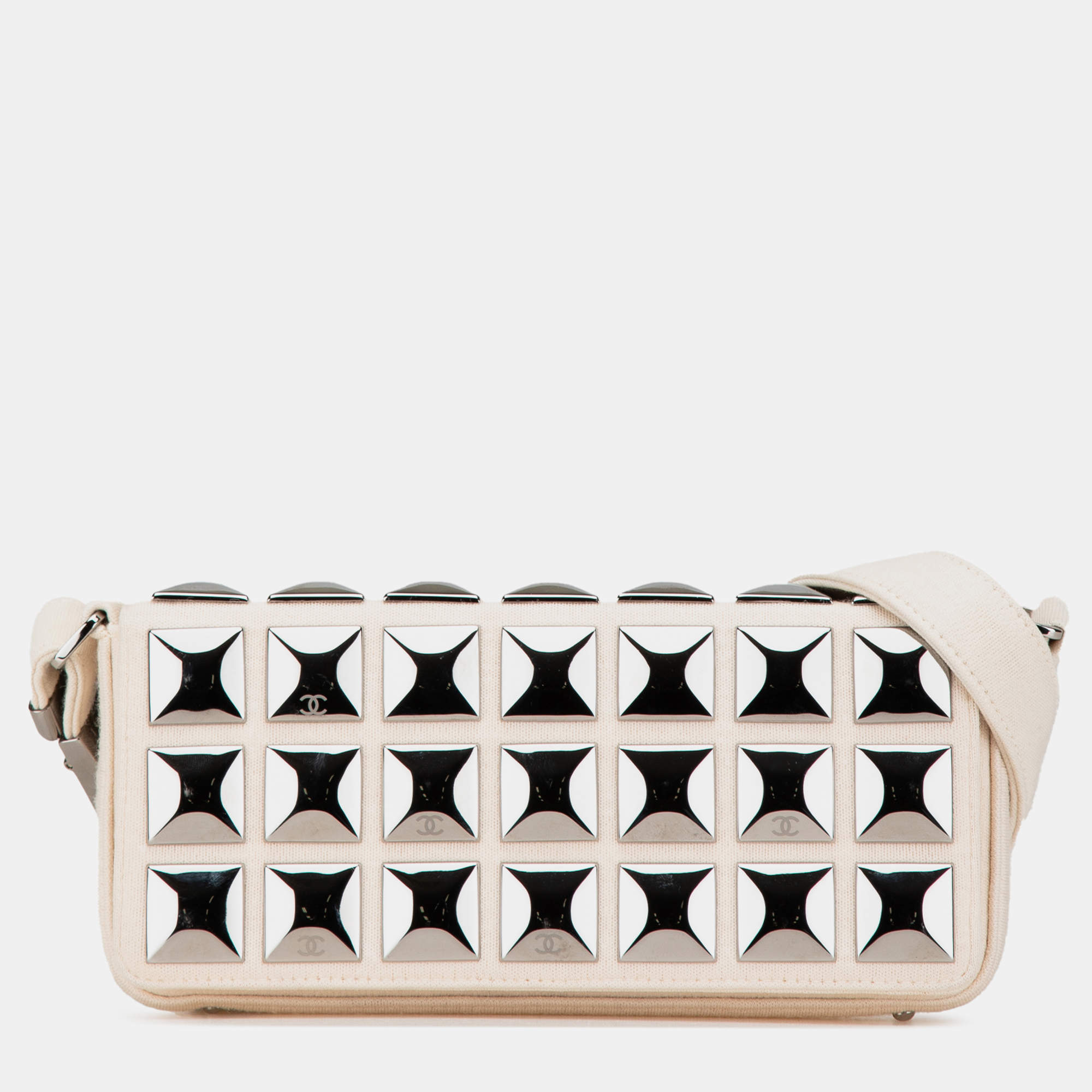 Chanel White Tone Jersey Pyramid Stud Flap Bag