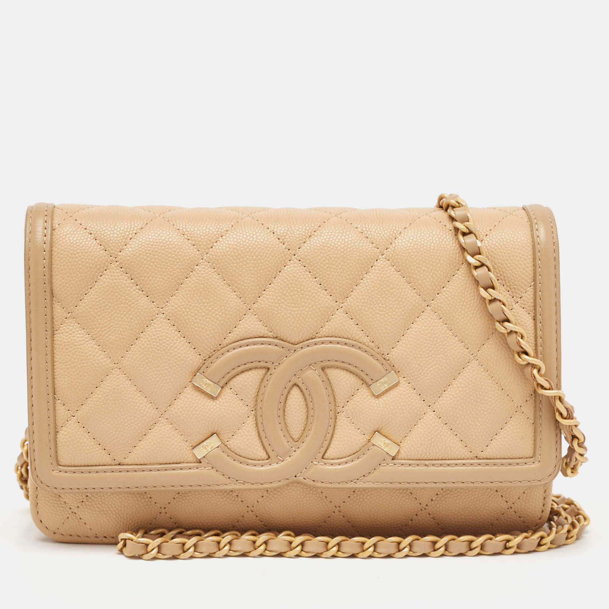 Pre Owned Chanel Beige Quilted Caviar Leather Filigree Wallet on Chain