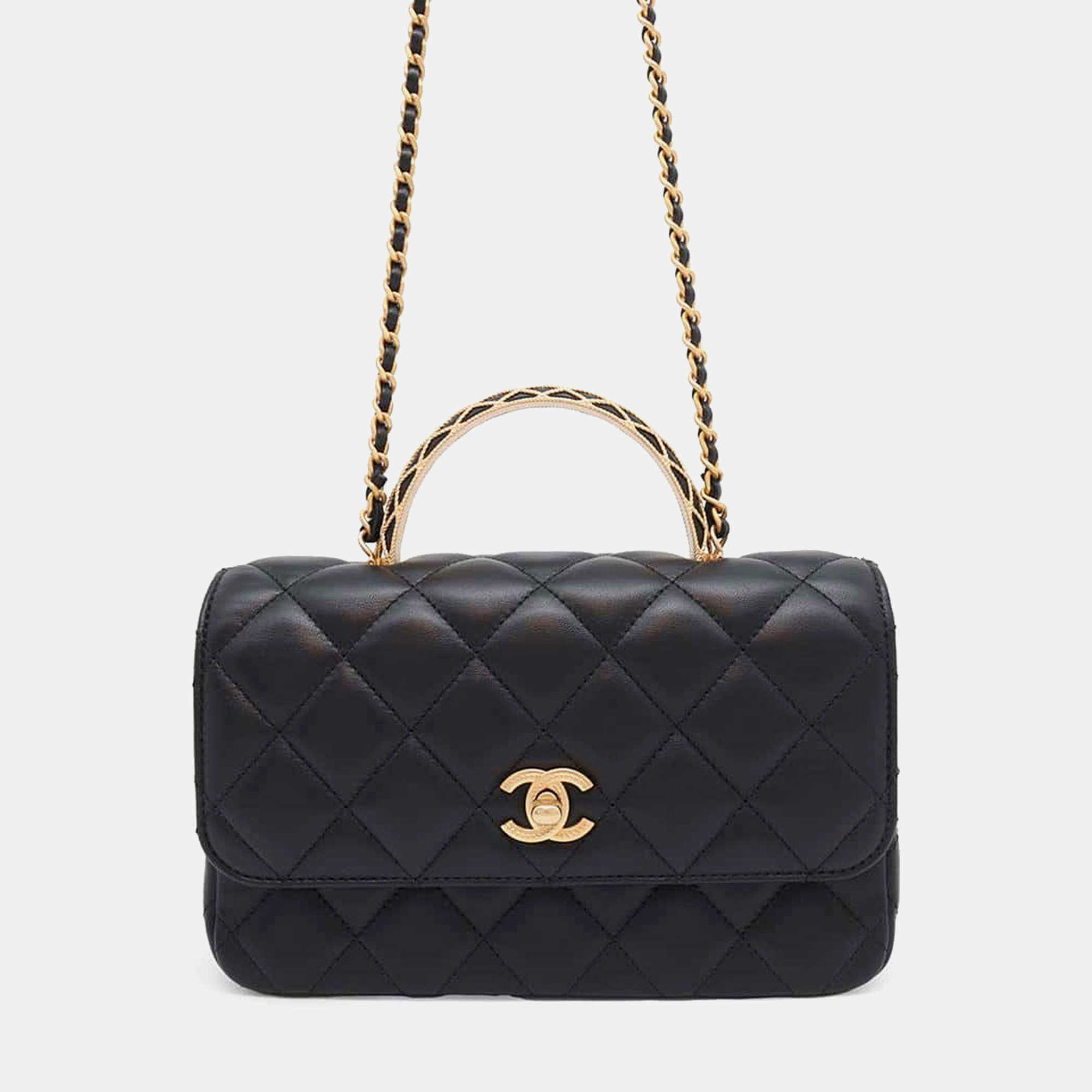 Chanel Black Lambskin Matelasse Chain Top Handle Bag