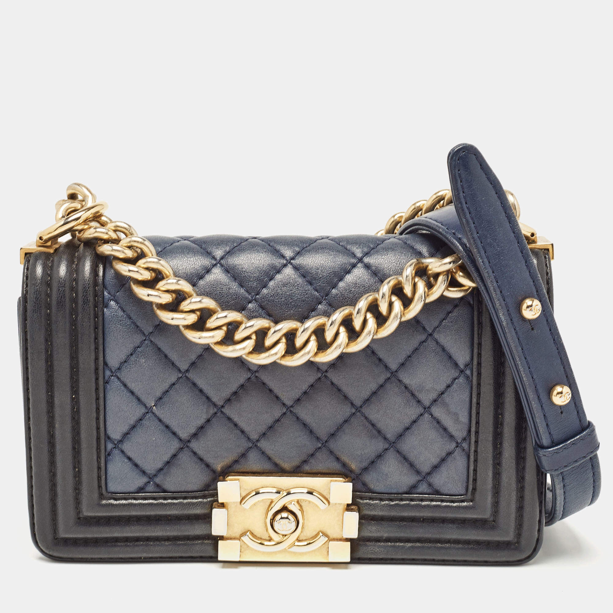 Chanel Navy Blue/Black Quilted Leather Small Boy Flap Bag