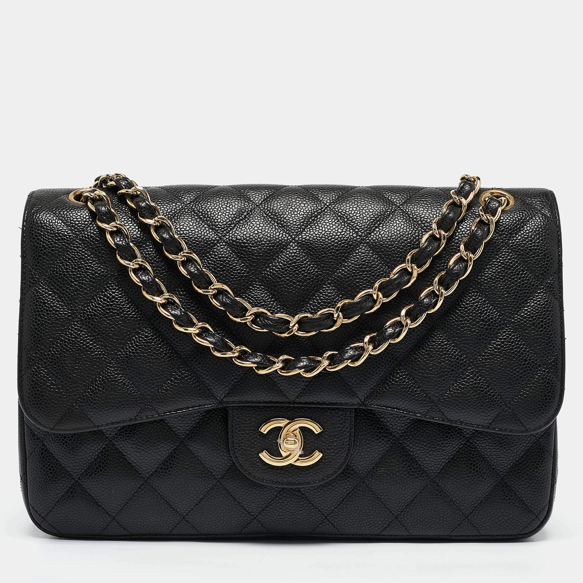 Pre Owned Chanel Black Quilted Caviar Leather Jumbo Classic Double Flap Bag