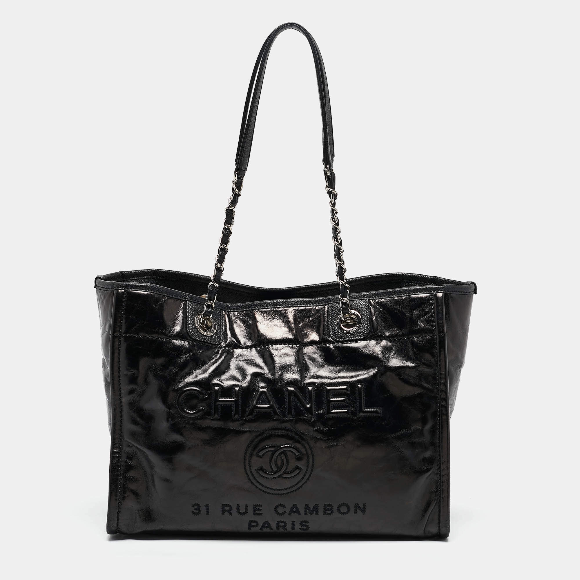 Chanel Black Glazed Leather Small Deauville Shopping Tote