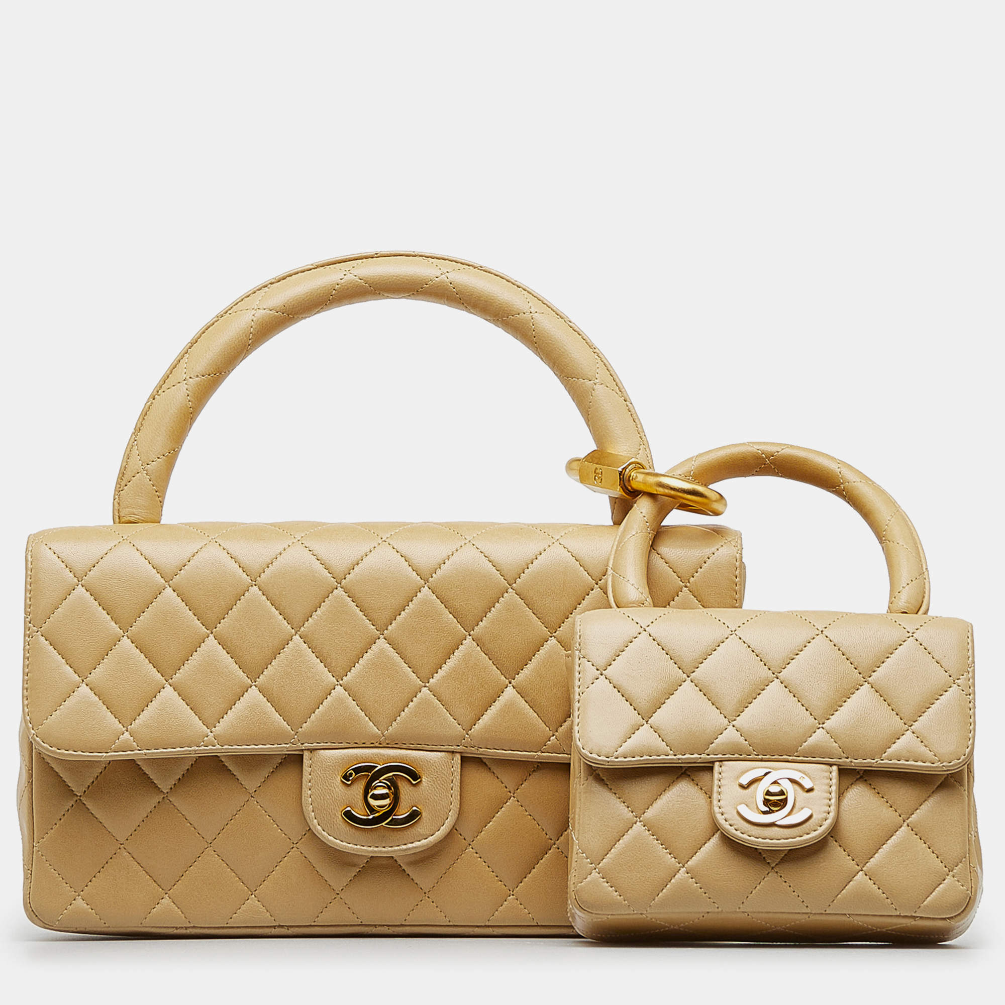Pre Owned Chanel Beige Lambskin Parent Child Kelly Set Top Handle Bag
