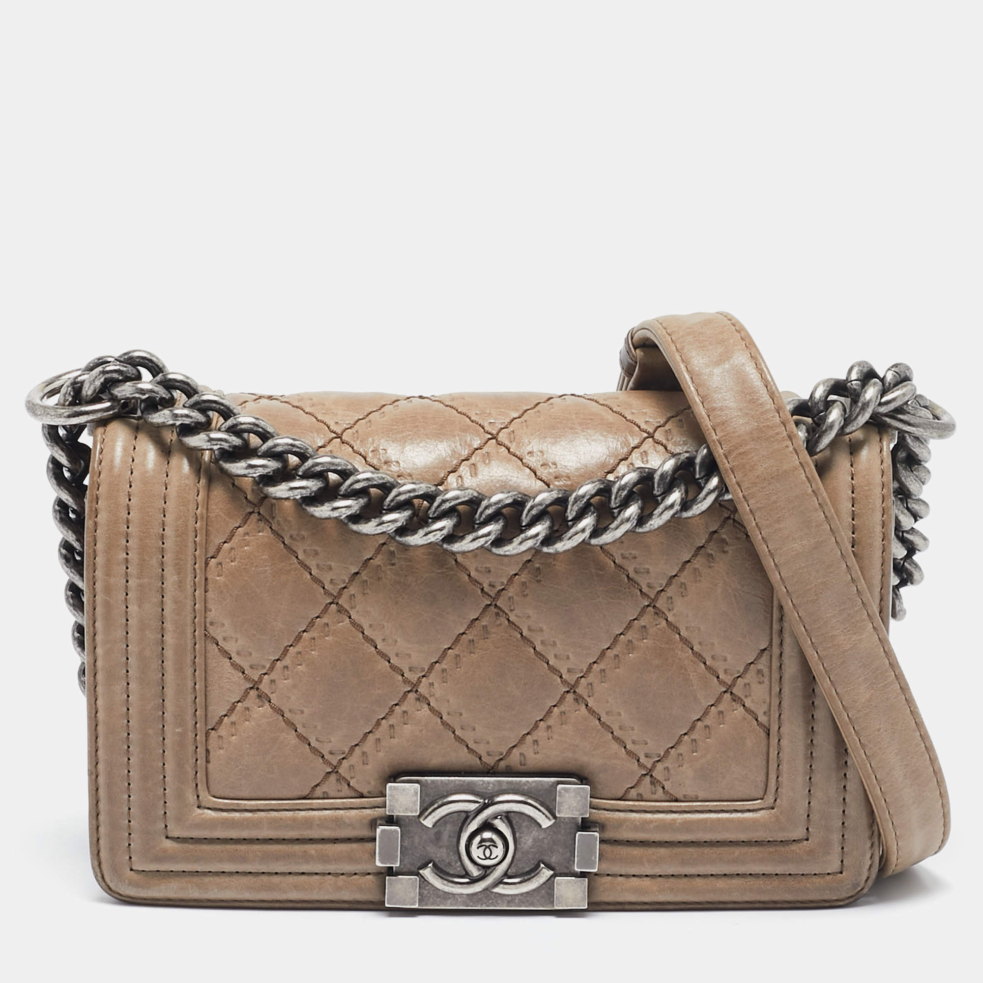Pre Owned Chanel Beige Double Stitch Quilted Leather Small Boy Flap Bag