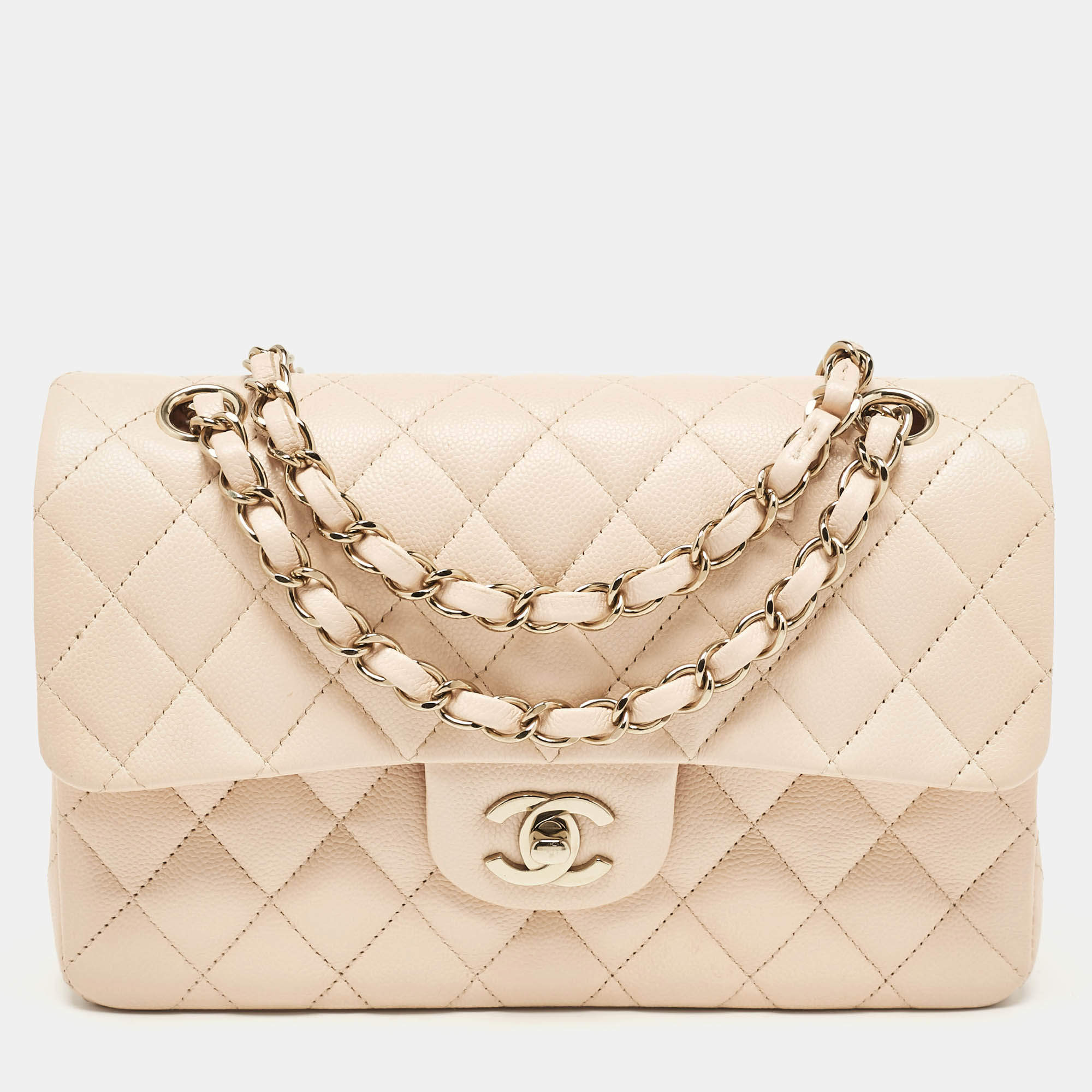 Pre Owned Chanel Beige Quilted Cavair Leather Small Classic Double Flap Bag
