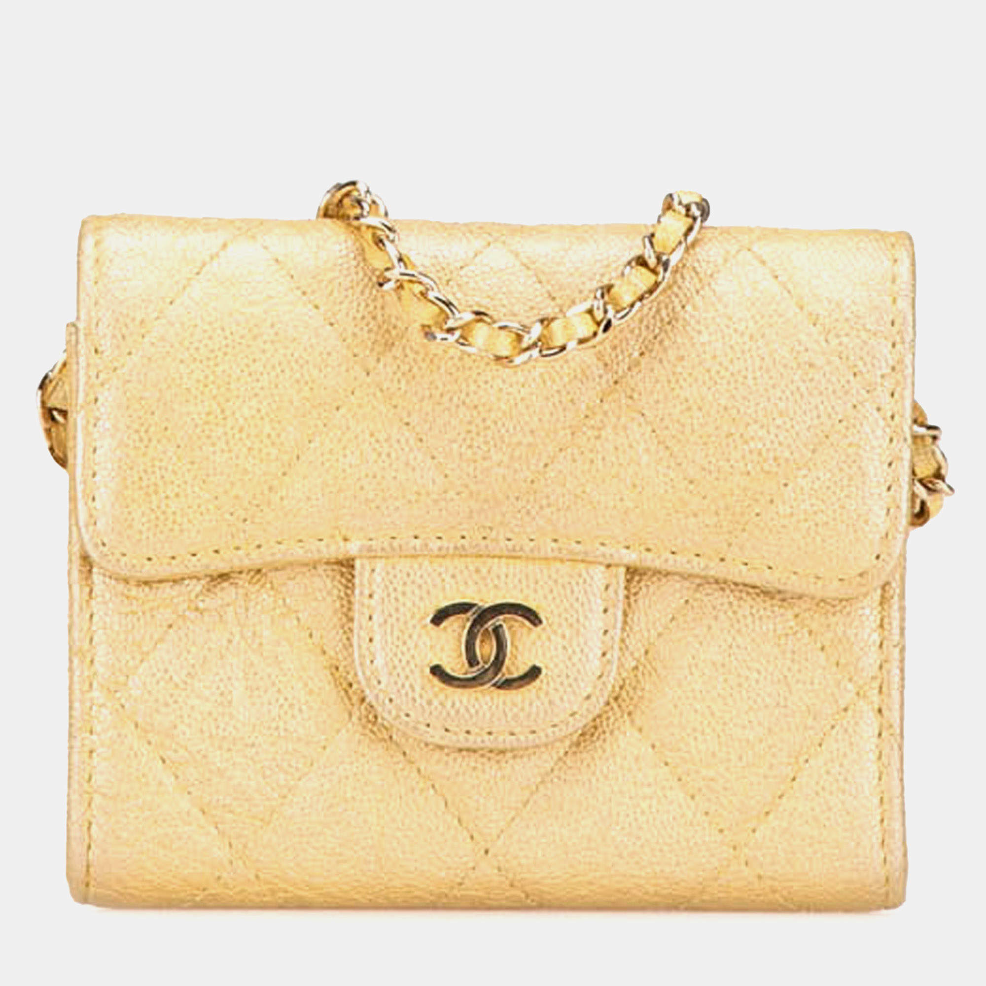 Chanel Gold Caviar Leather Quilted Iridescent Flap Card Holder on Chain