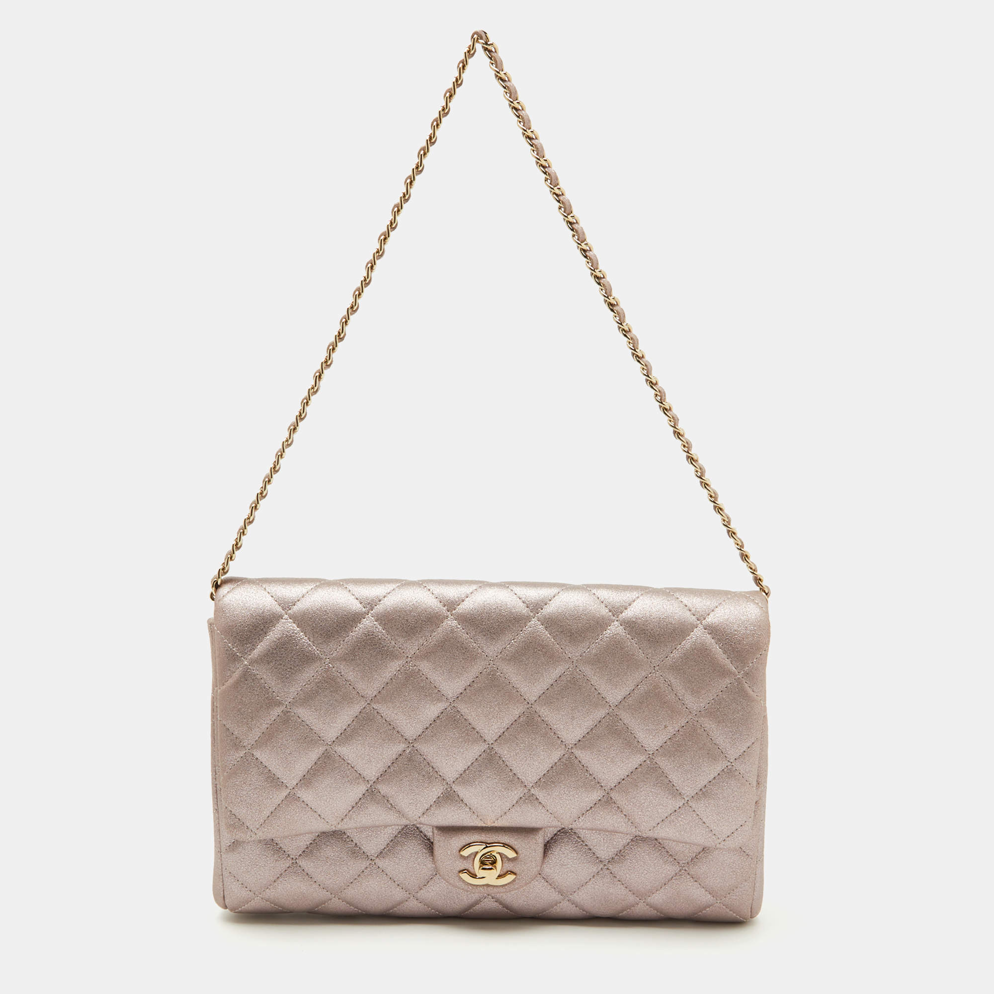 Pre Owned Chanel Metallic Pink Quilted Leather Chain Flap Clutch