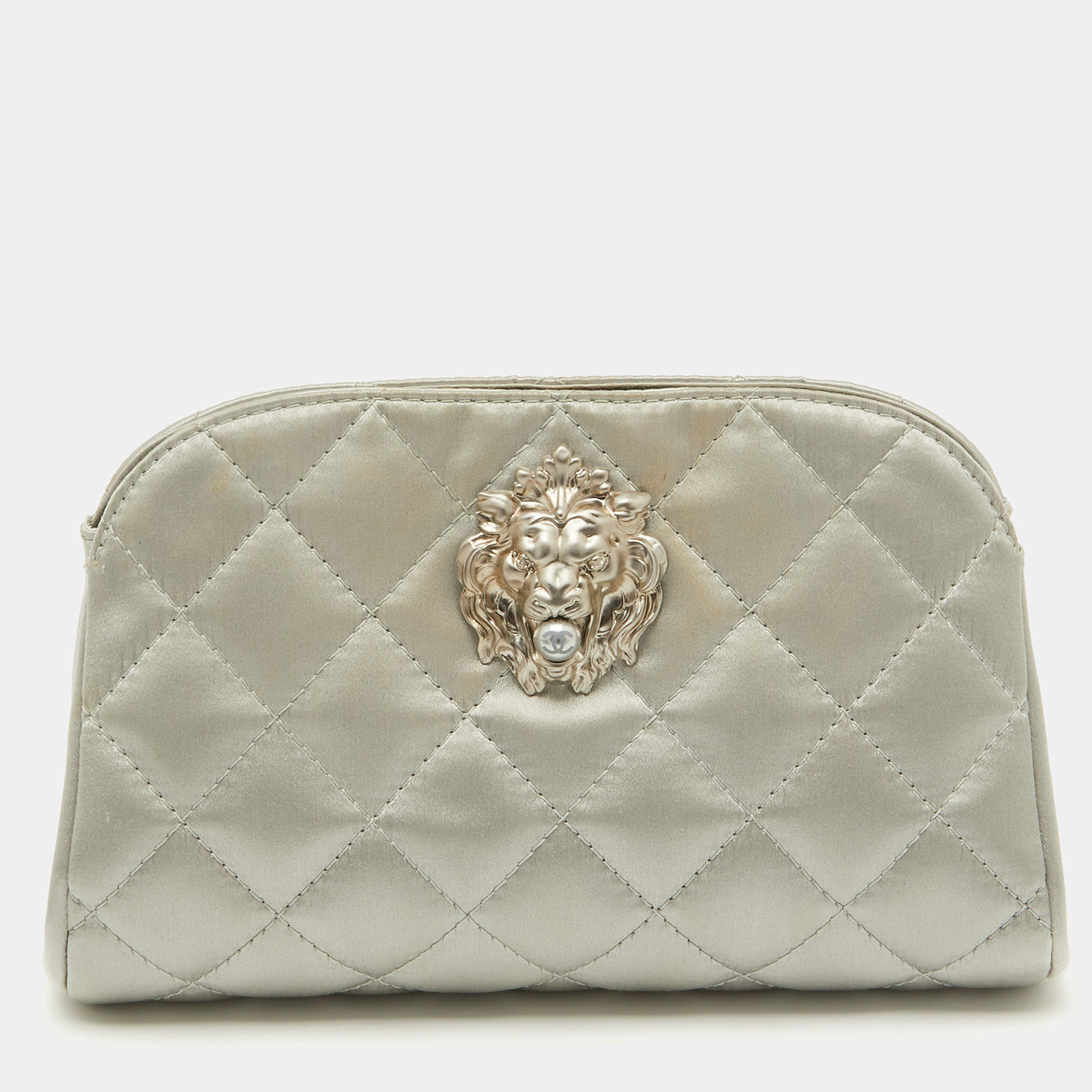 Chanel Grey Quilted Satin Leo Lion CC Pearl Clutch