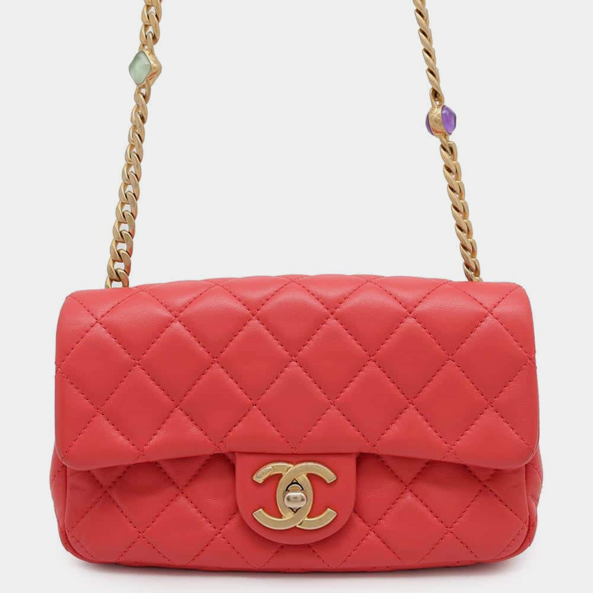 Chanel Red Lambskin Leather Flap Chain Shoulder Bag