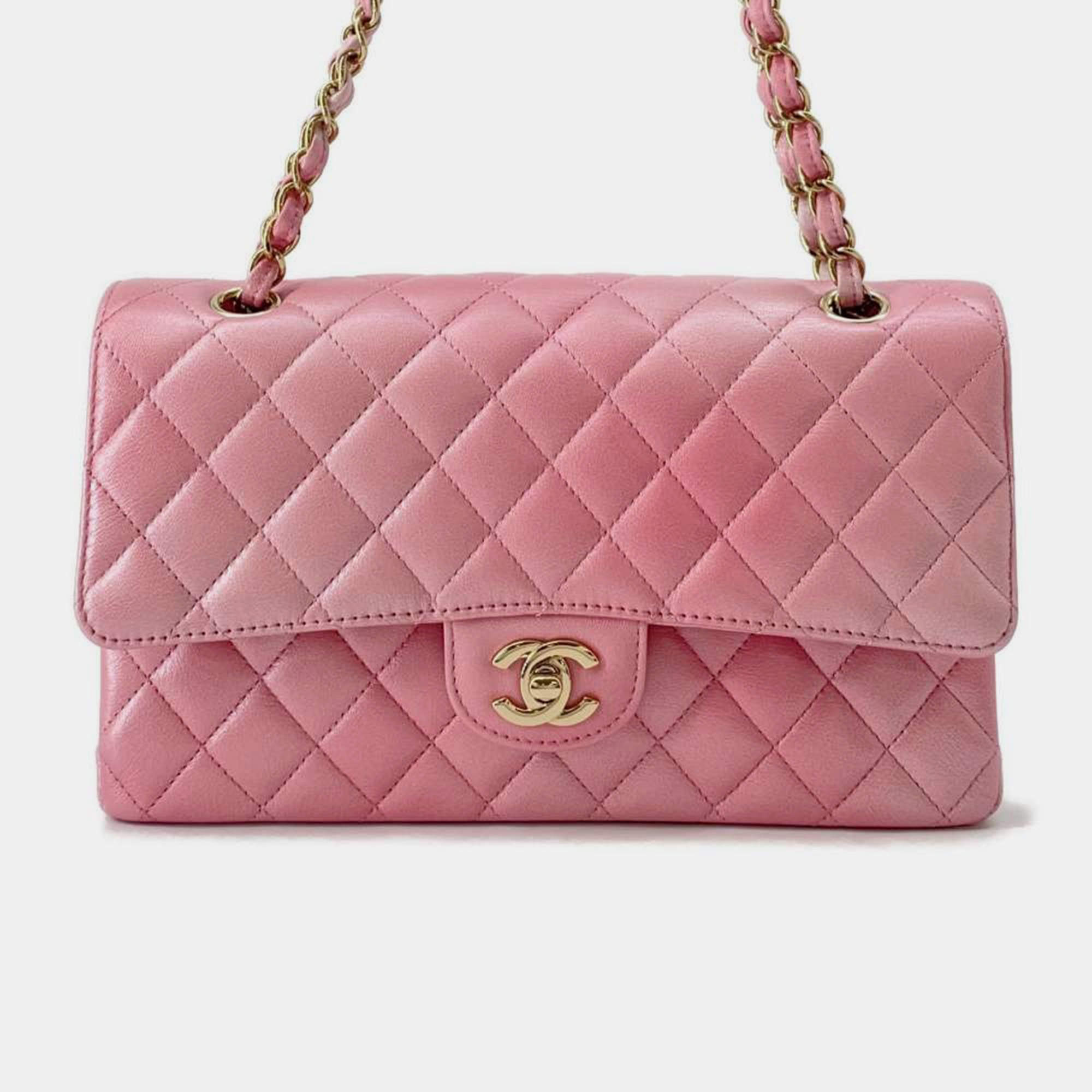 Pre Owned Chanel Gradation Light Pink Goatskin Leather Classic Double Flap Shoulder Bag 