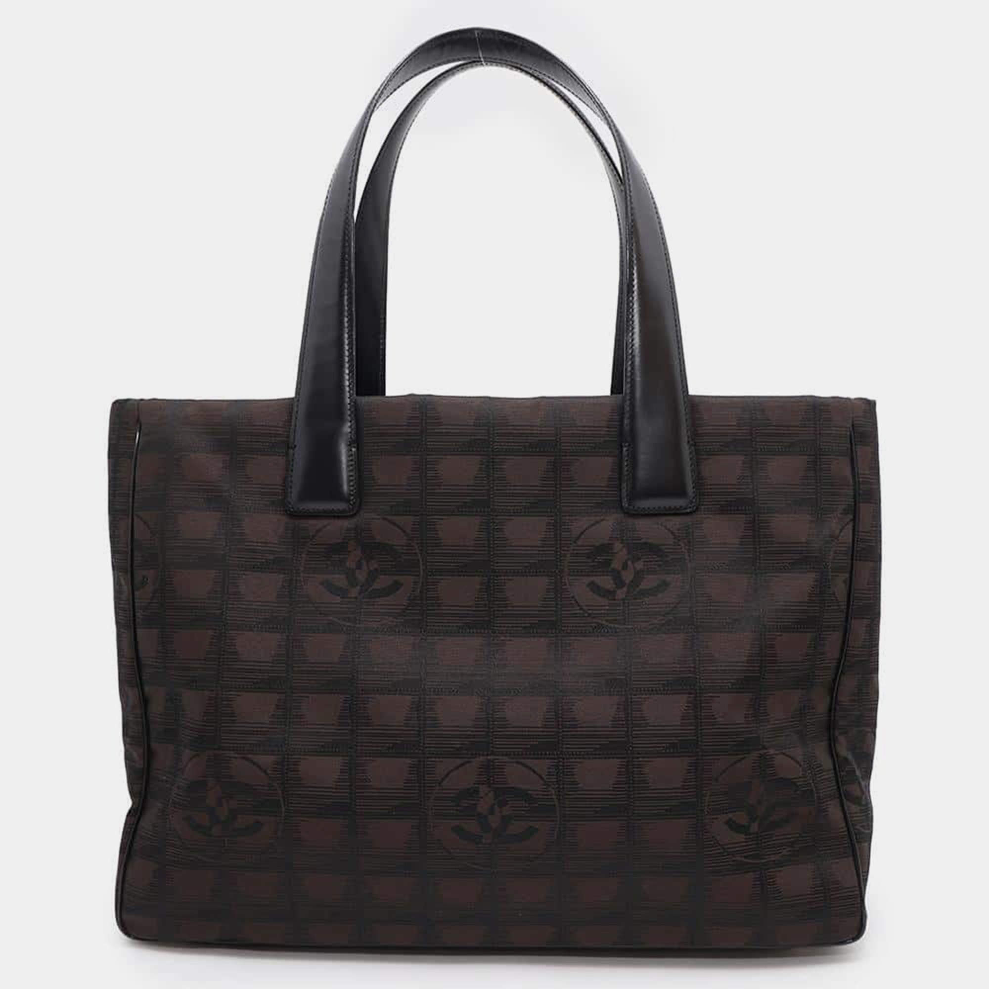 Chanel Brown/Black Nylon Leather New Travel Line Tote Bag 