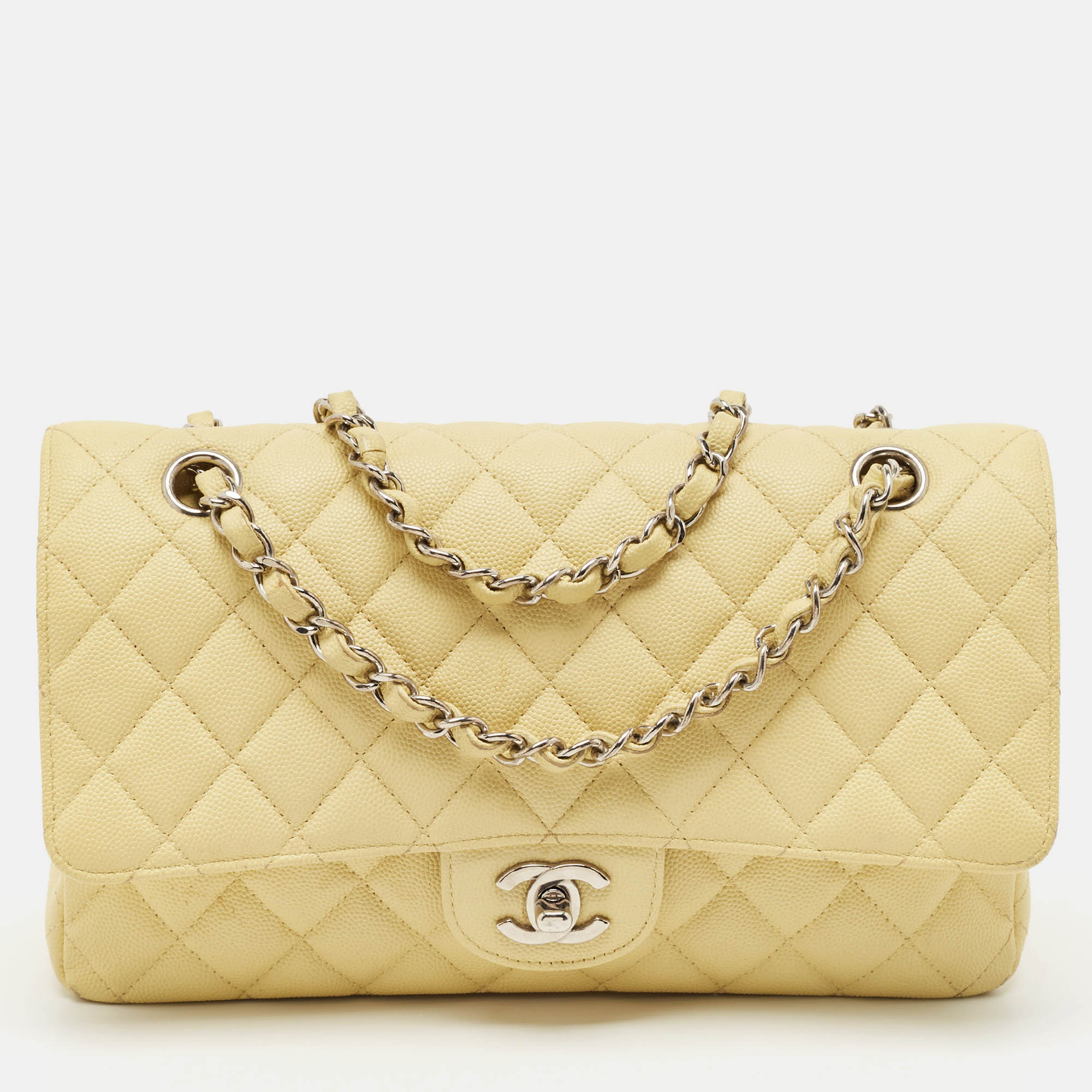 Pre Owned Chanel Yellow Caviar Quilted Leather Medium Classic Double Flap Bag