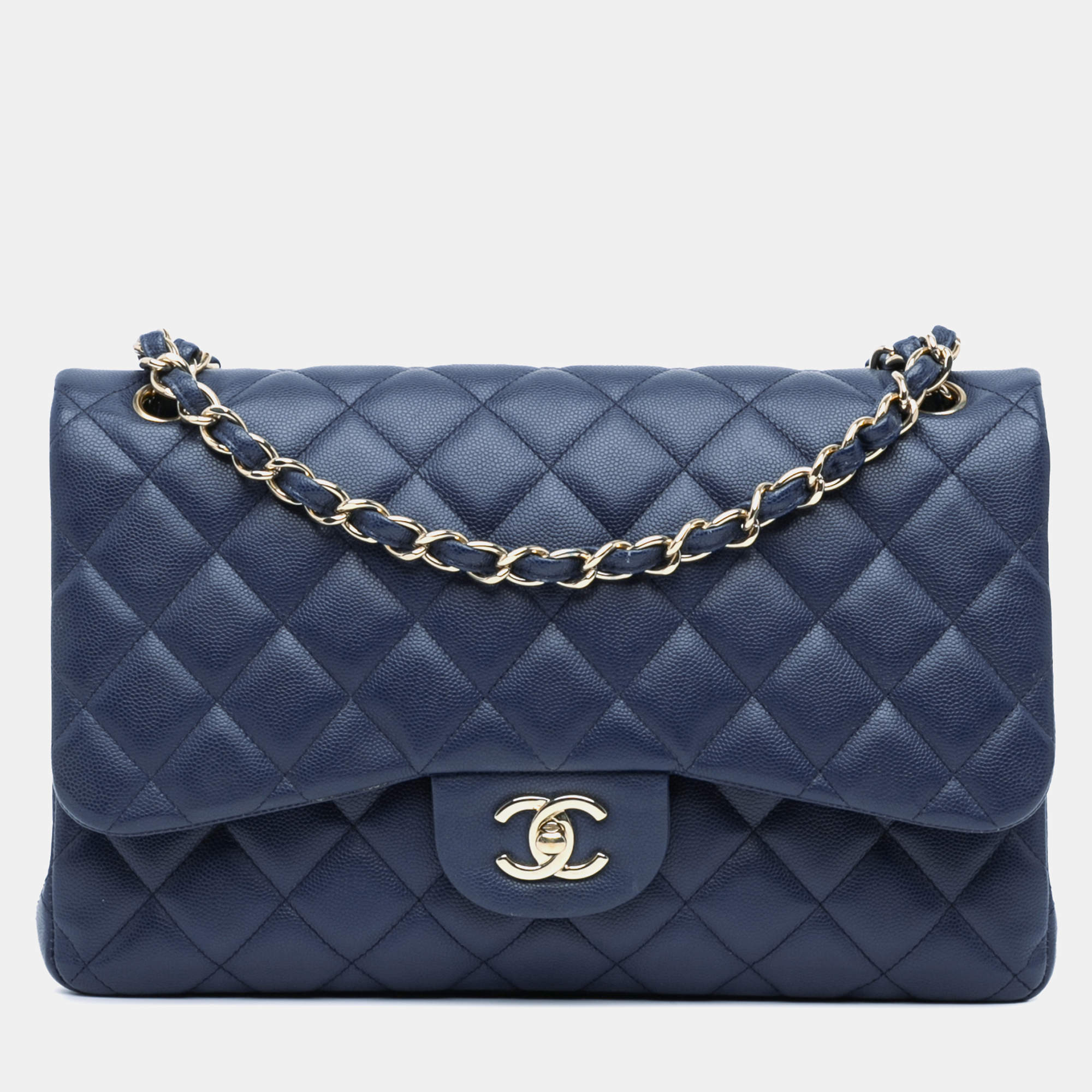Pre Owned Chanel Blue Caviar Leather Jumbo Classic Double Flap Shoulder Bag