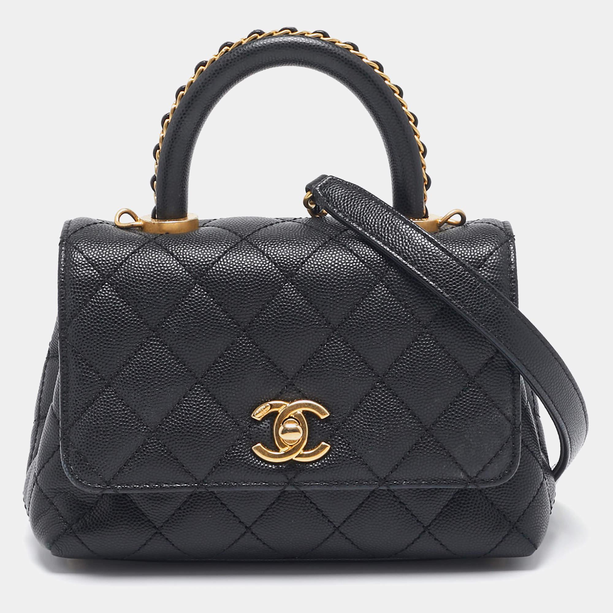 Pre Owned Chanel Black Quilted Caviar Leather Extra Mini Coco Chain Top Handle Bag