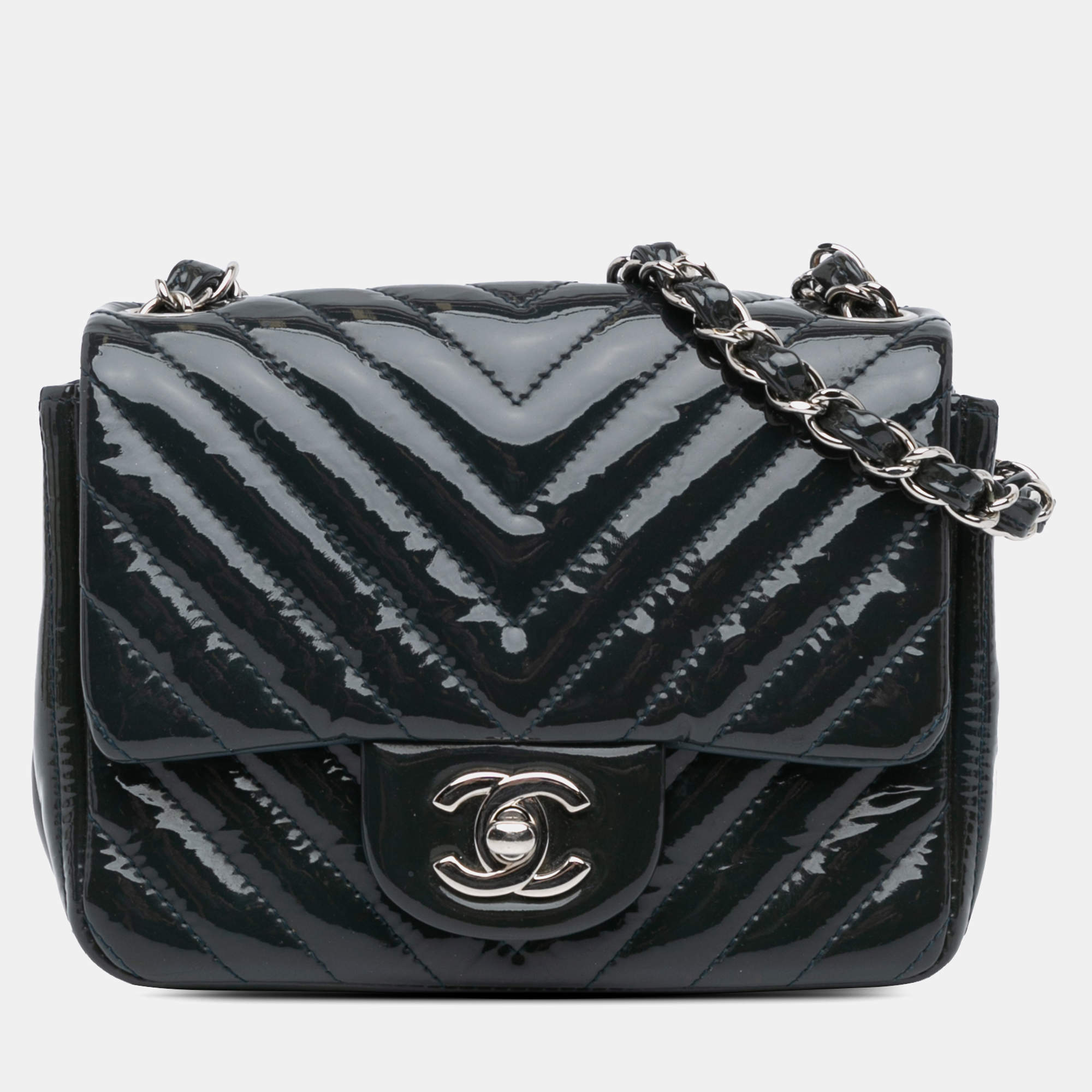 Chanel Navy Patent Leather Mini Square Classic Chevron Shoulder Bag