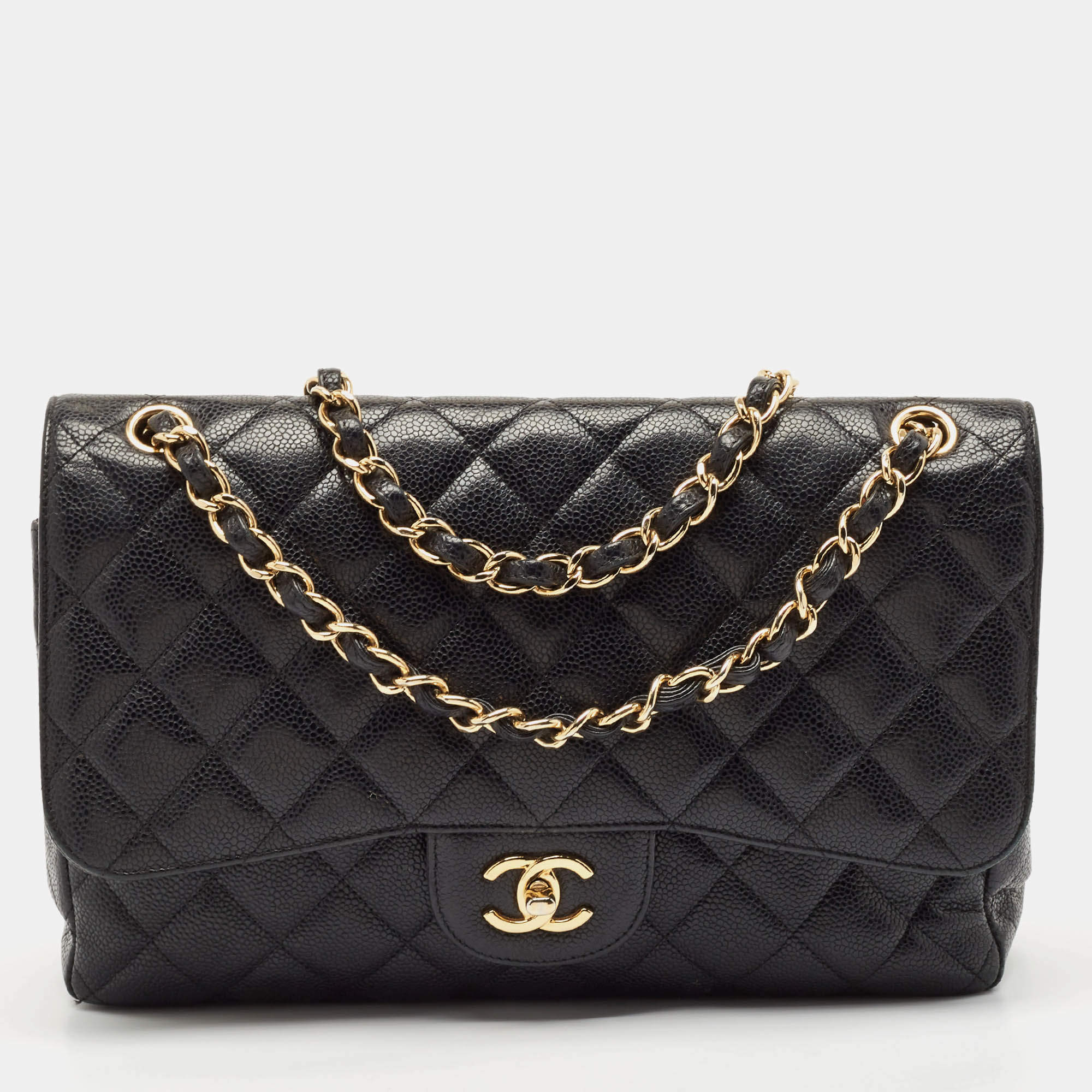 Pre Owned Chanel Black Quilted Caviar Leather Jumbo Classic Double Flap Bag