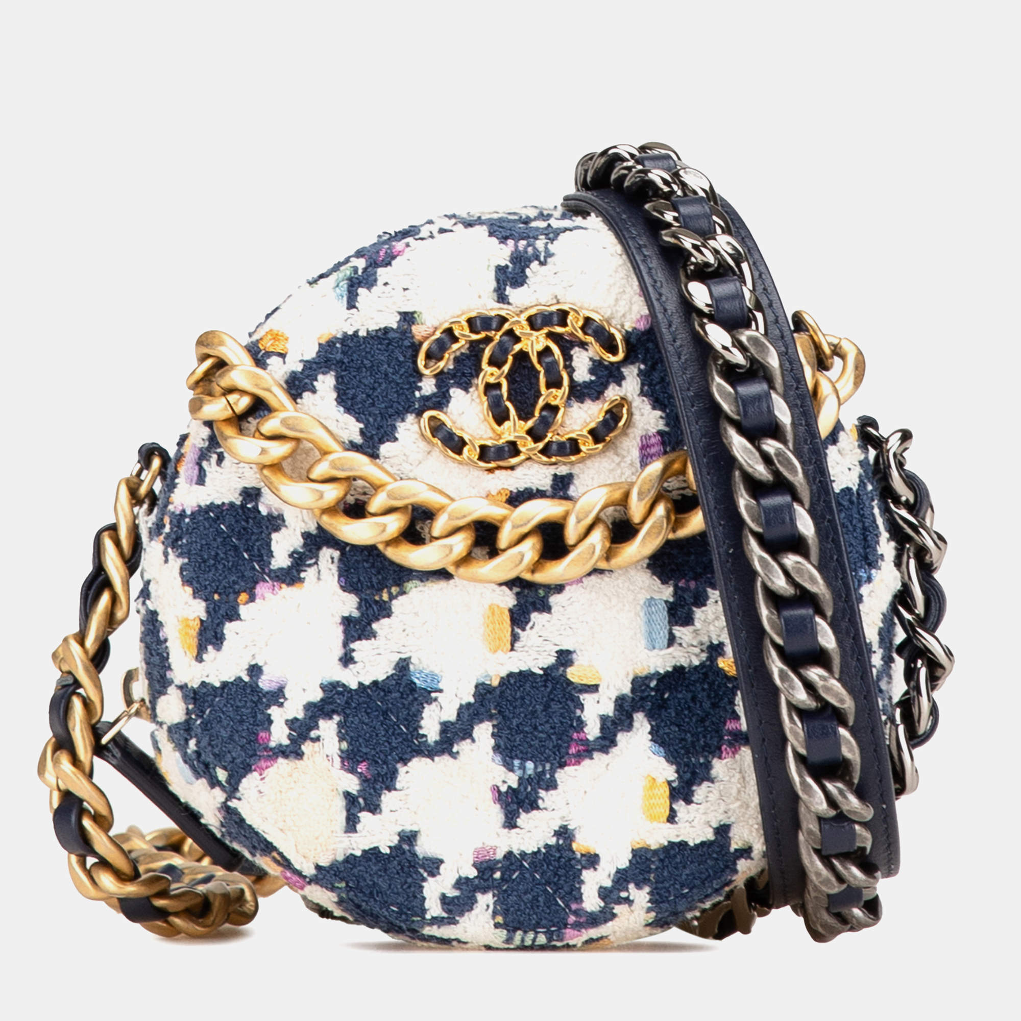 Chanel Blue White Tweed 19 Round Clutch Bag