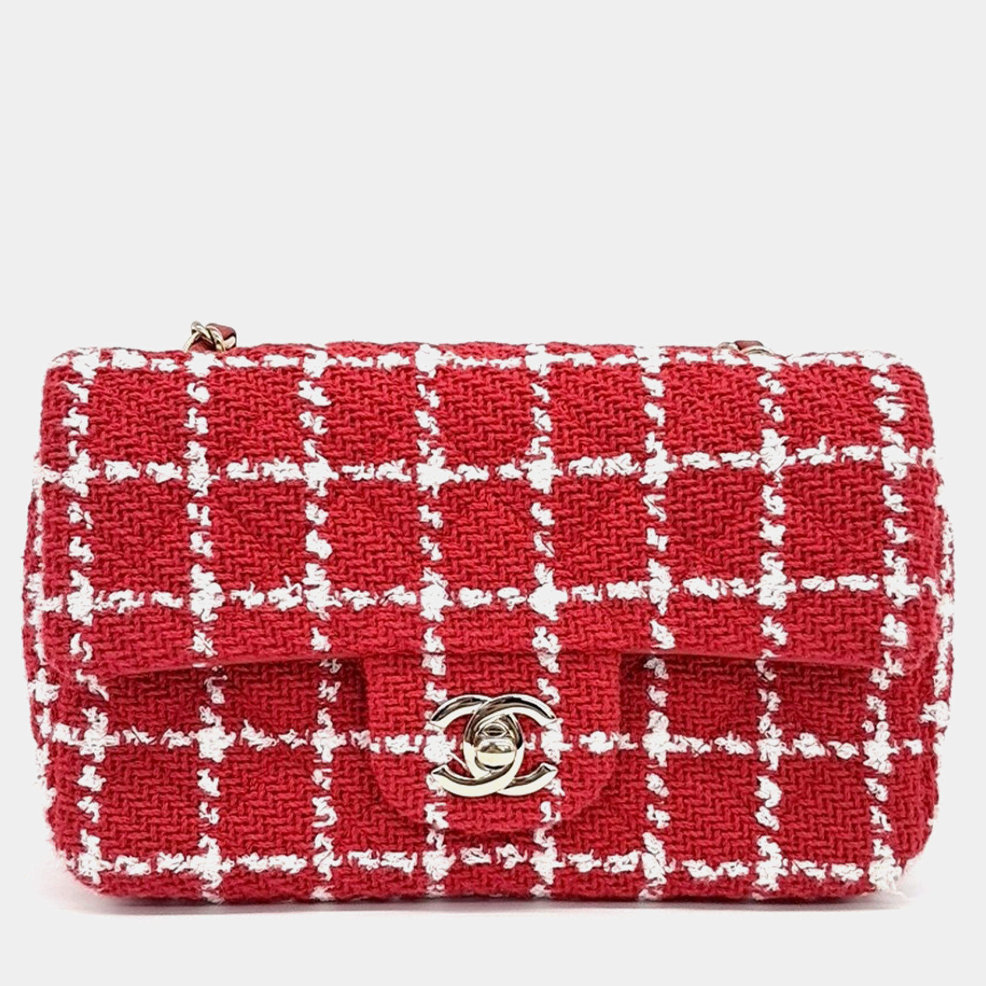 Pre Owned Chanel Red Tweed Classic Mini Crossbody Bag