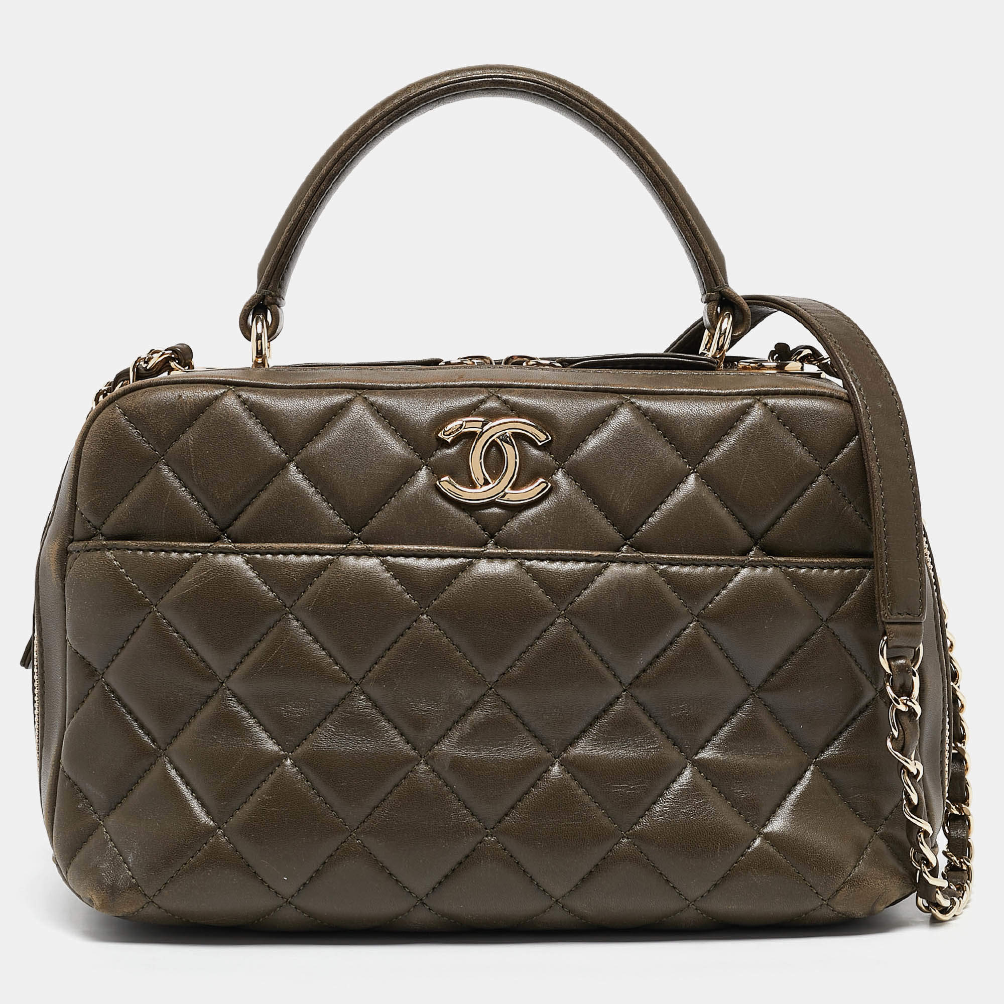 Pre Owned Chanel Green Quilted Leather Medium Trendy CC Bowling Bag