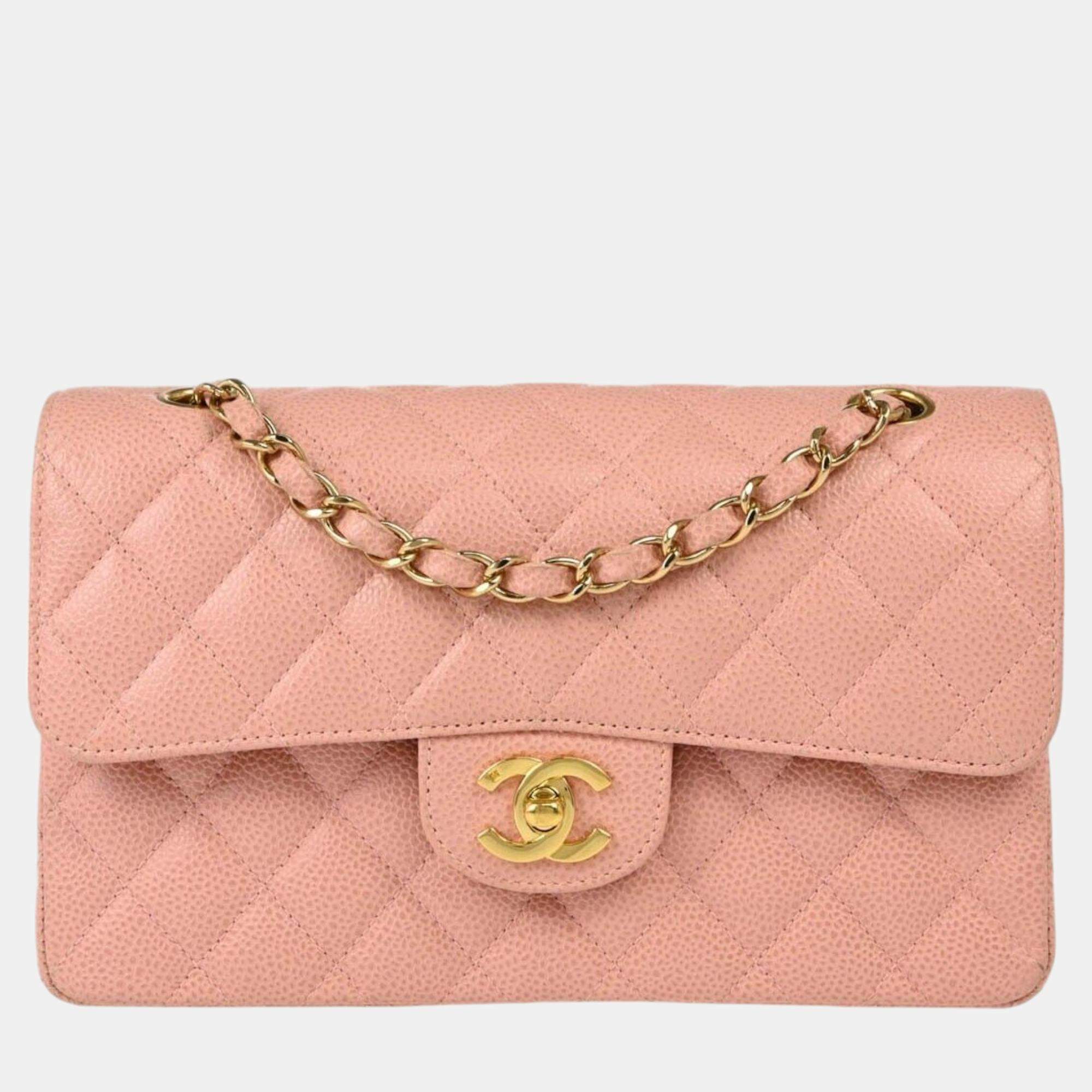 Pre Owned Chanel Pink Calfskin Small Classic Double Flap Shoulder Bag