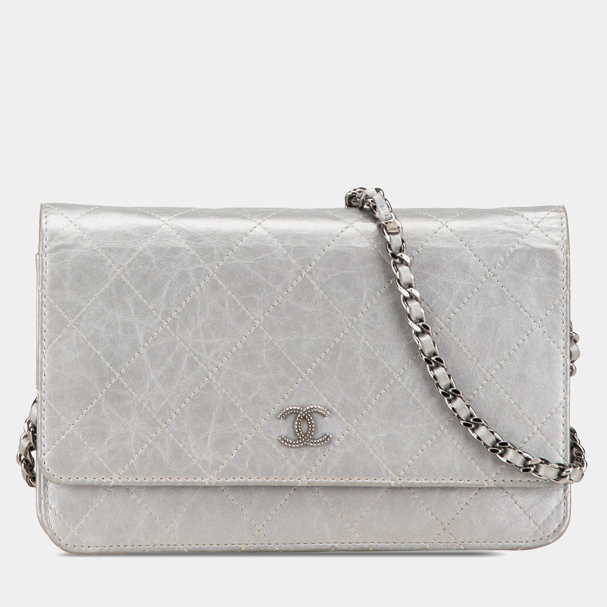 Chanel Silver CC Quilted Aged Calfskin Wallet On Chain