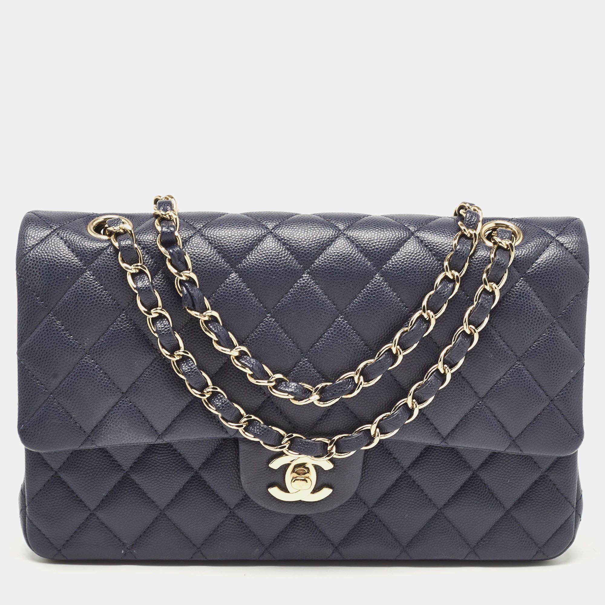 Pre Owned Chanel Navy Blue Quilted Caviar Leather Medium Classic Double Flap Bag
