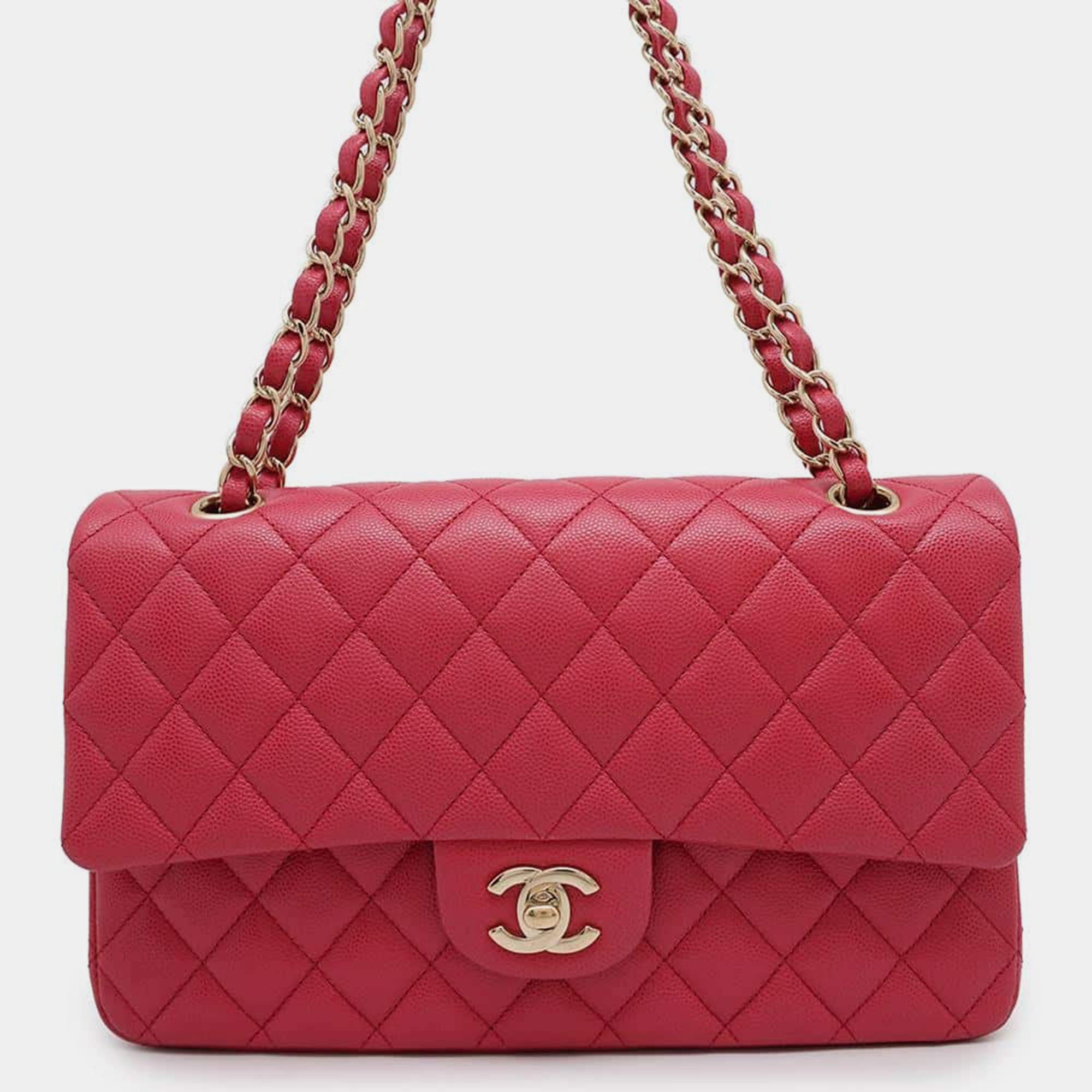 Chanel Pink Caviar Leather Medium Double Flap Chain Shoulder Bag 