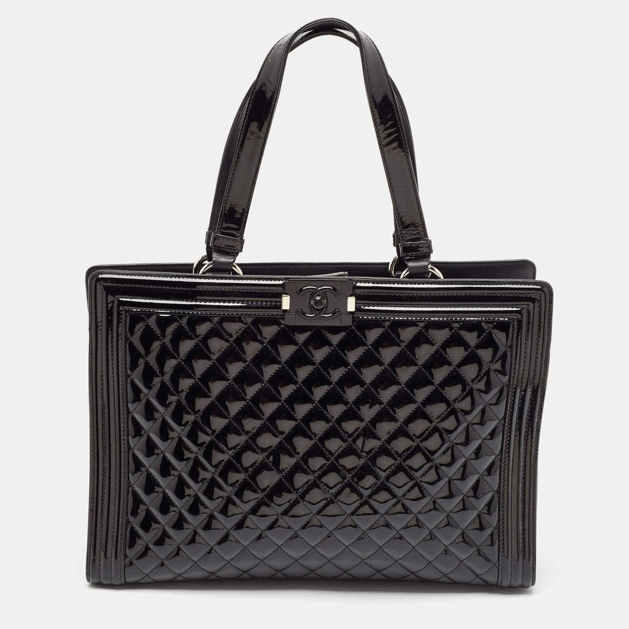 Chanel Black Quilted Patent Leather Large Boy Shopper Tote