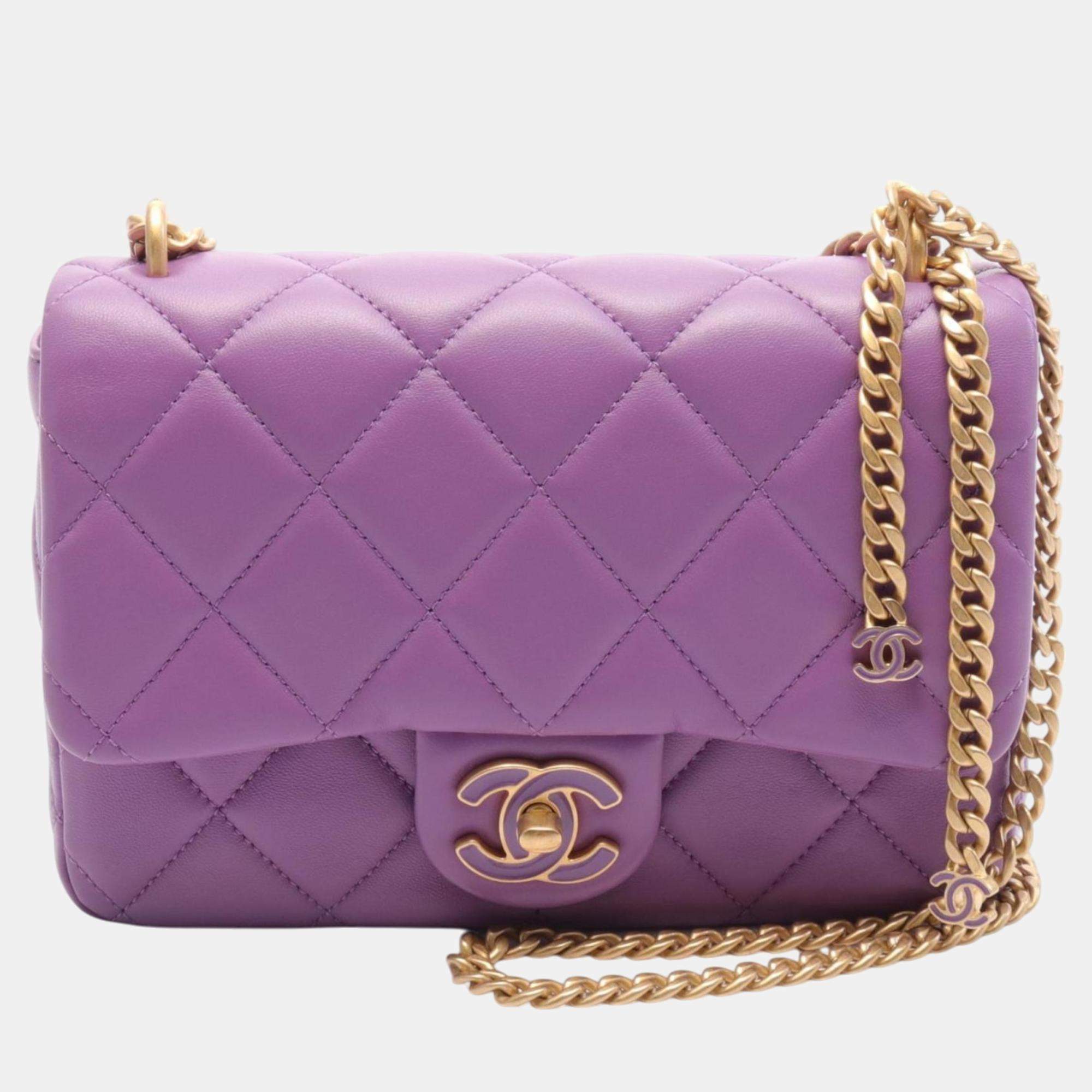 Chanel Purple Lambskin Leather Flap Shoulder Bag