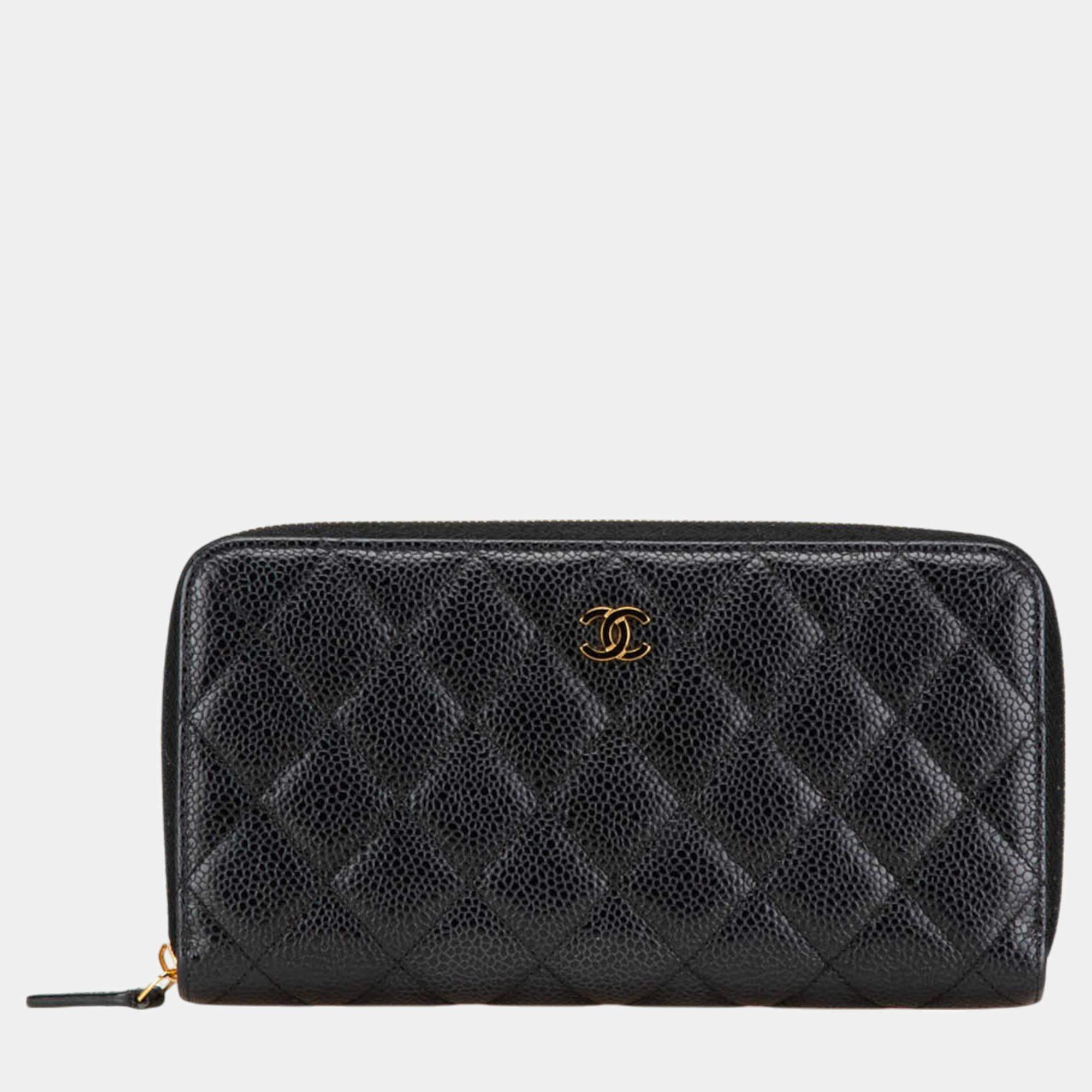 Chanel Black Quilted Caviar CC Zip Around Long Wallet