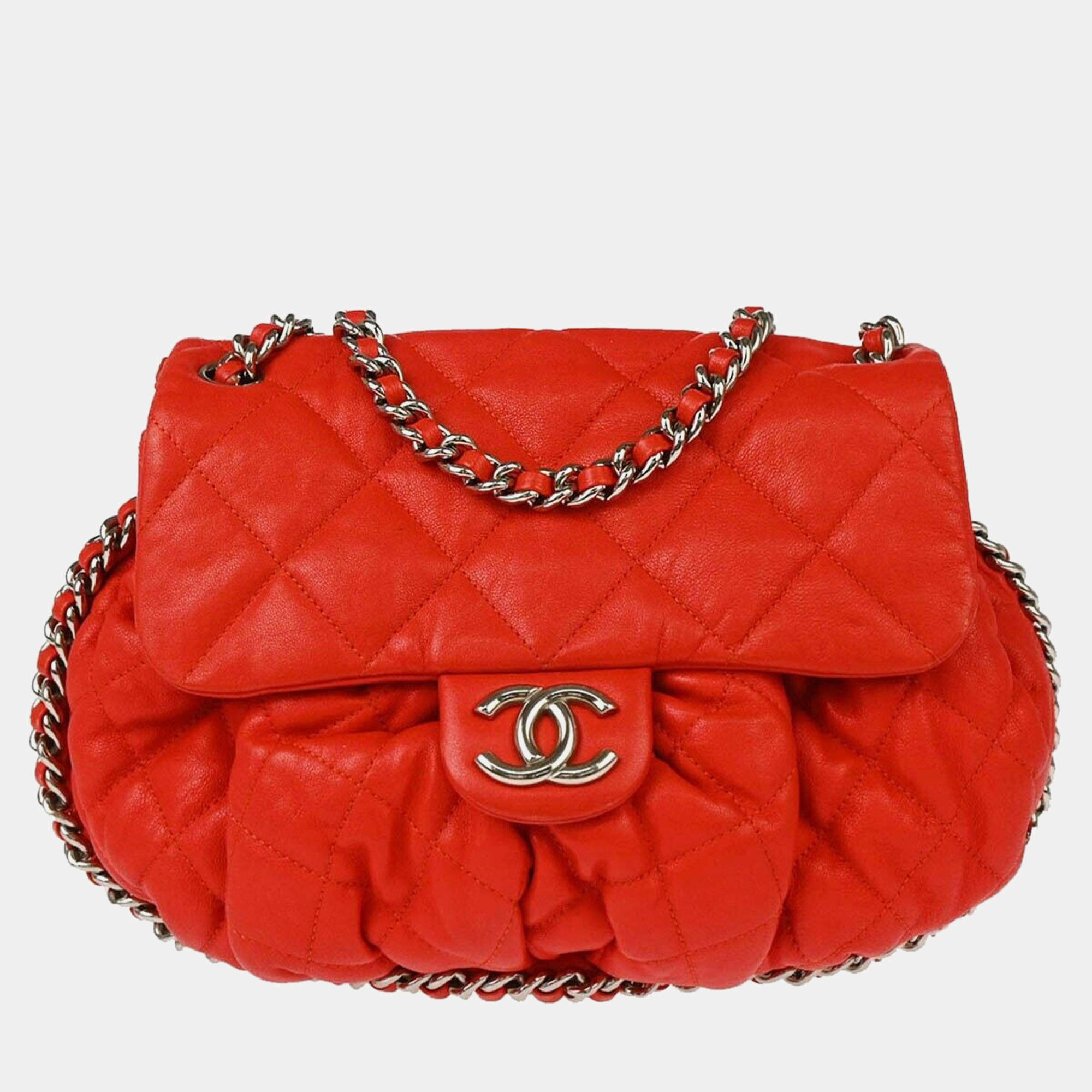 Chanel Red Lambskin Around Chain Shoulder Bag