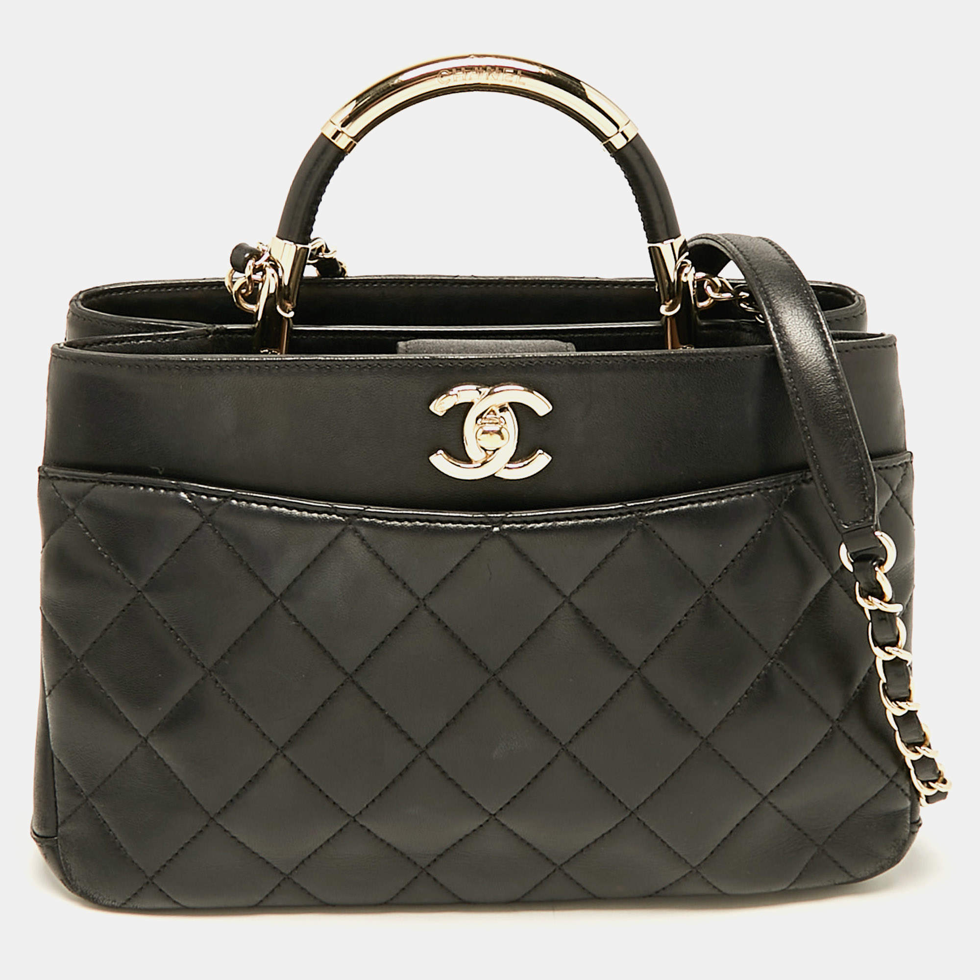 Pre Owned Chanel Black Quilted Leather Small Carry Chic Shopper Top Handle Bag