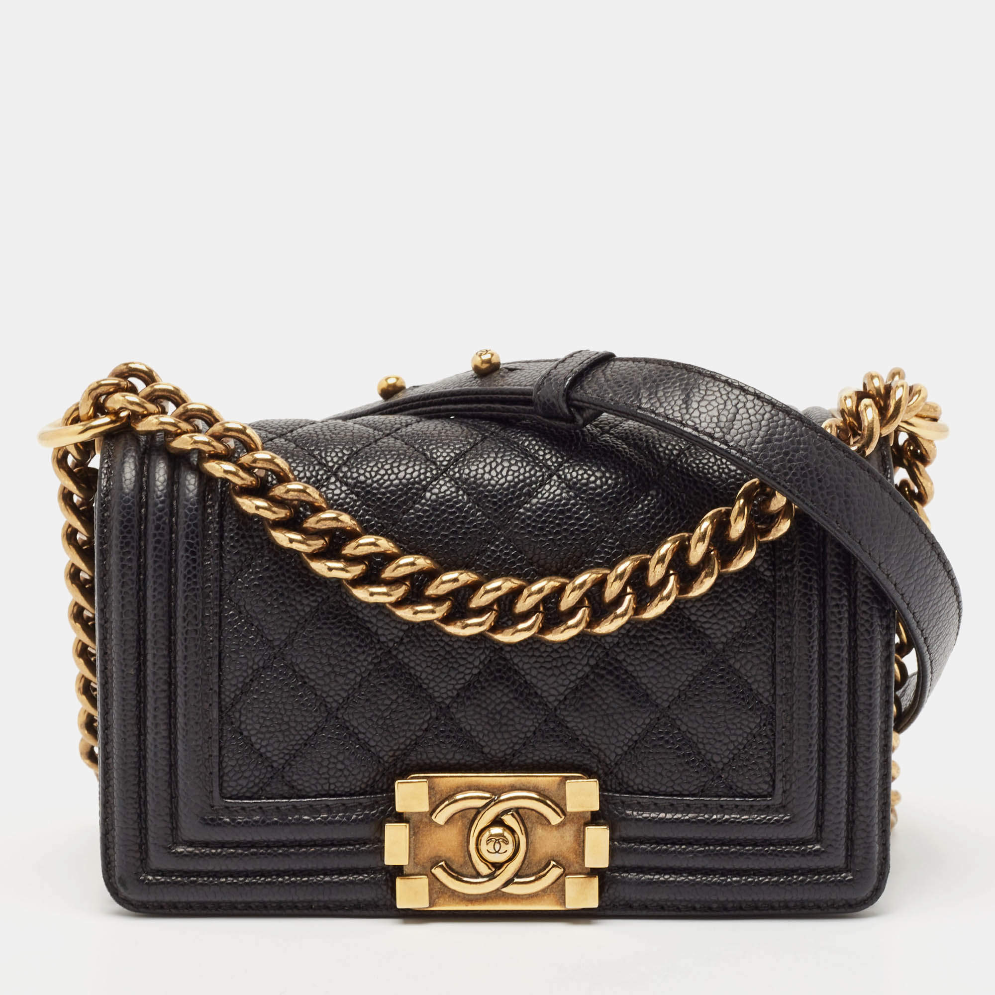 Pre Owned Chanel Black Quilted Caviar Leather Small Boy Flap Bag