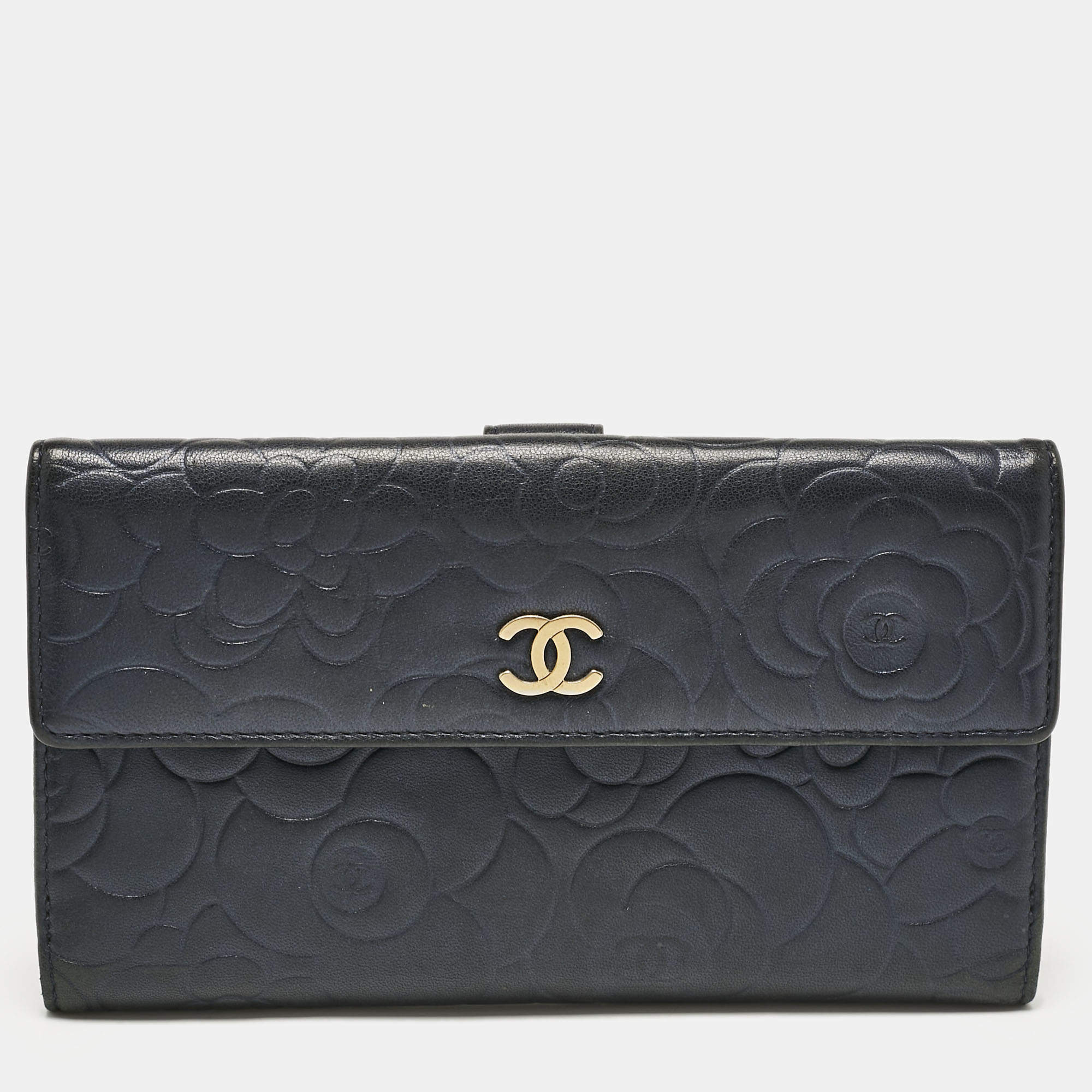 Chanel Navy Blue Leather Camellia Trifold Continental Wallet