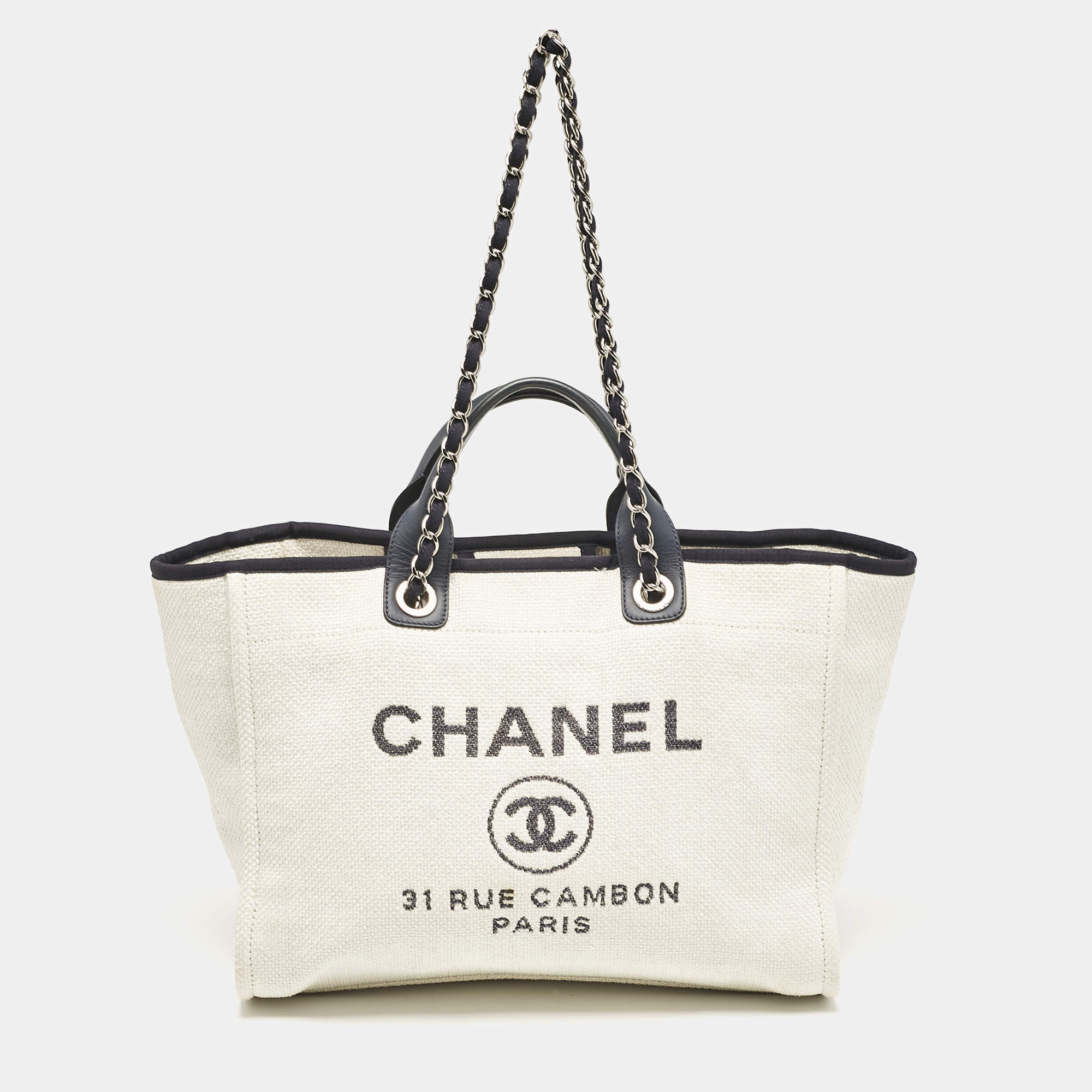 Chanel White/Navy Blue Raffia Large Deauville Shopper Tote