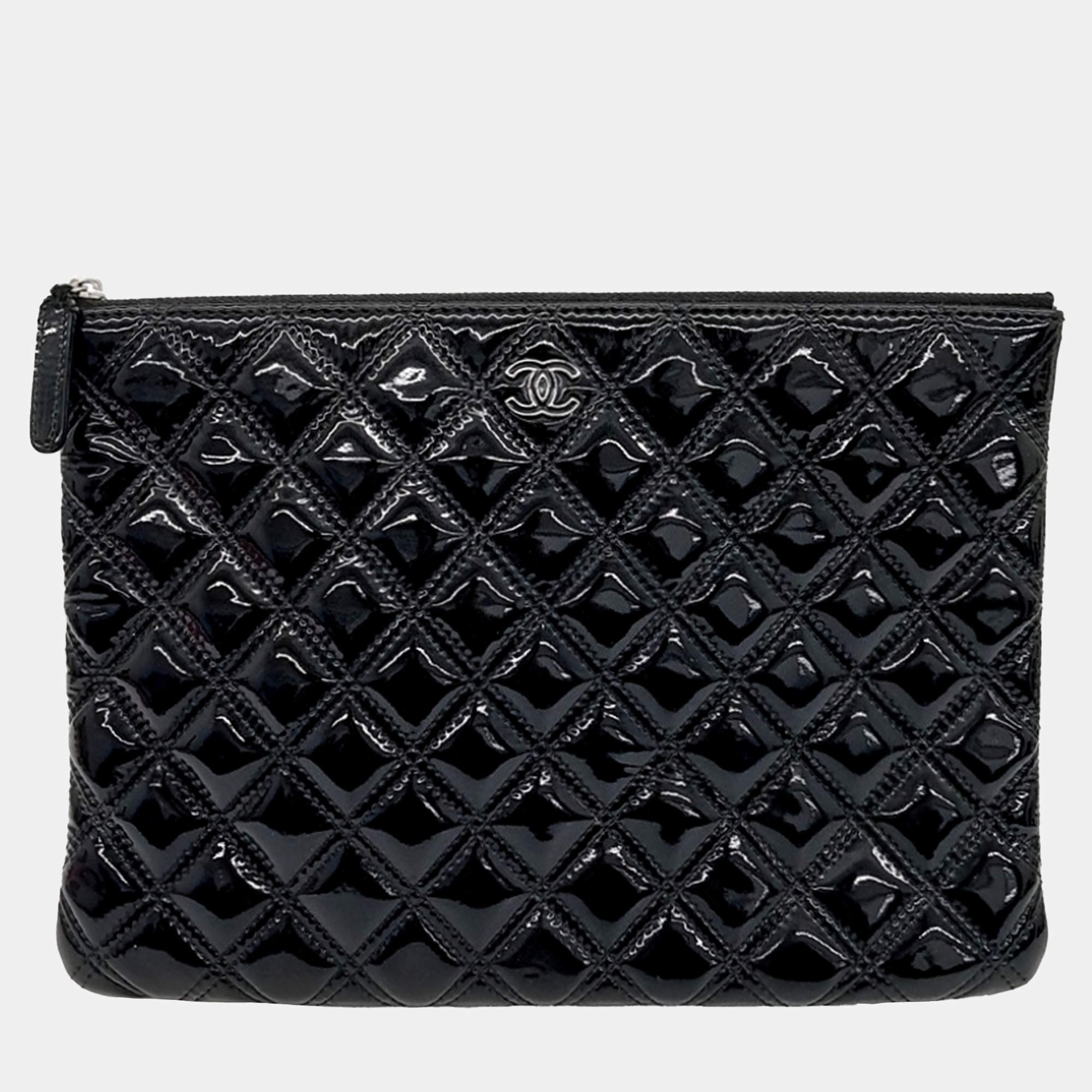 Chanel Black Patent Leather Medium Clutch Bag
