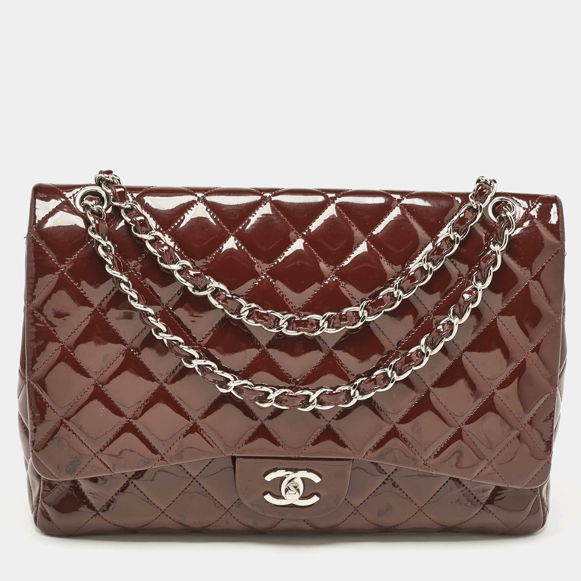 Pre Owned Chanel Burgundy Quilted Patent Leather Maxi Classic Single Flap Bag
