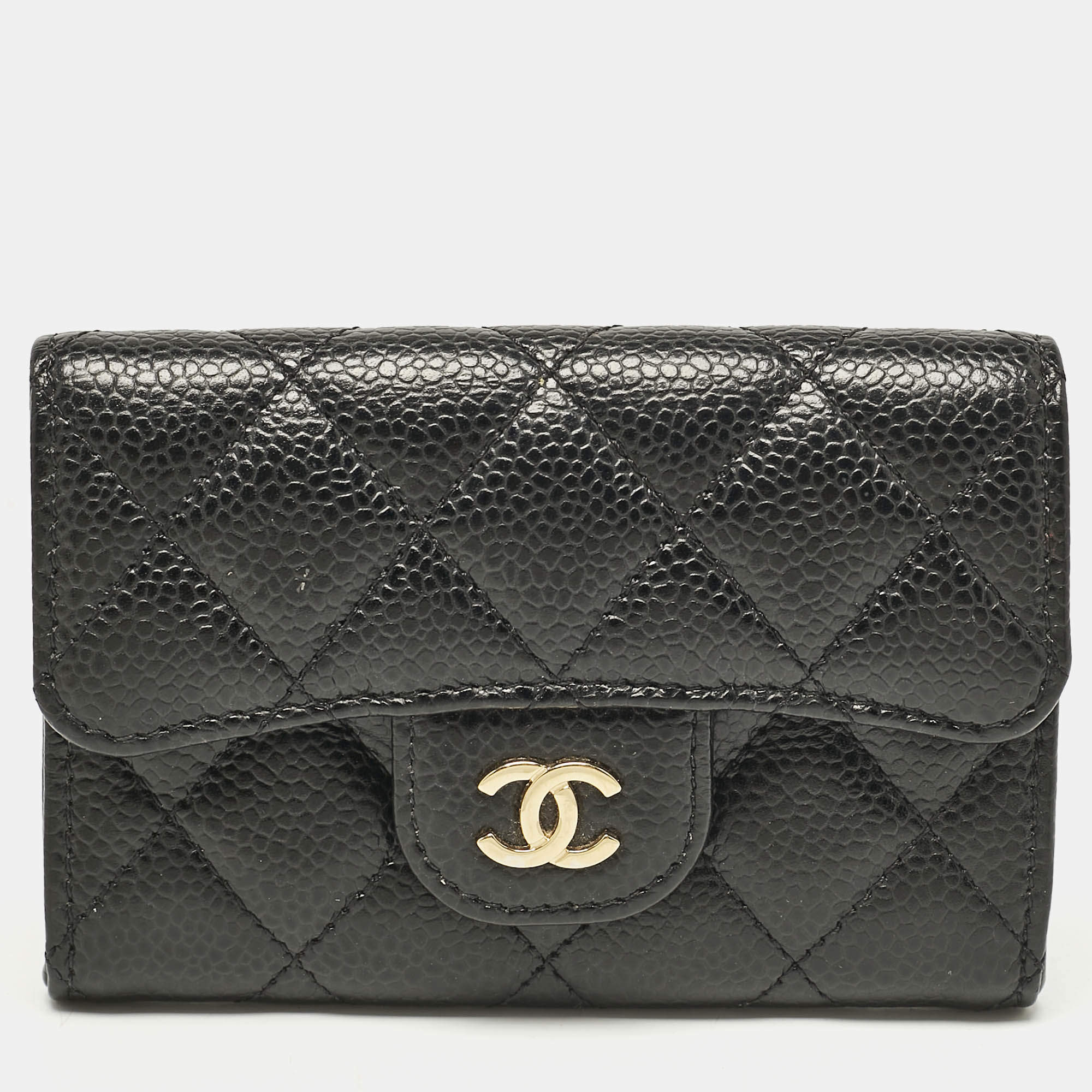 Pre Owned Chanel Black Caviar Leather CC Flap Card Case