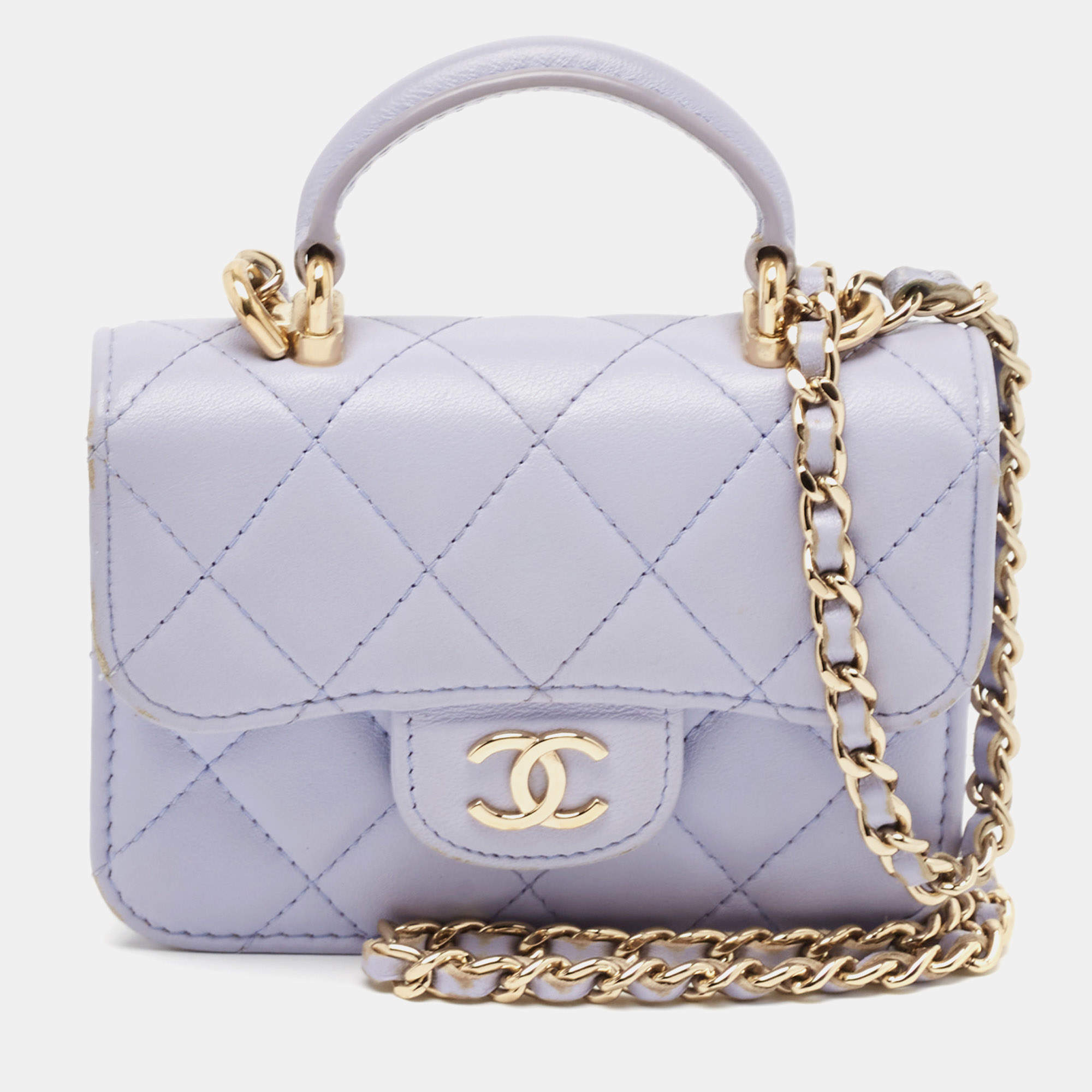 Pre Owned Chanel Light Purple Quilted Leather Top Handle Chain Coin Purse