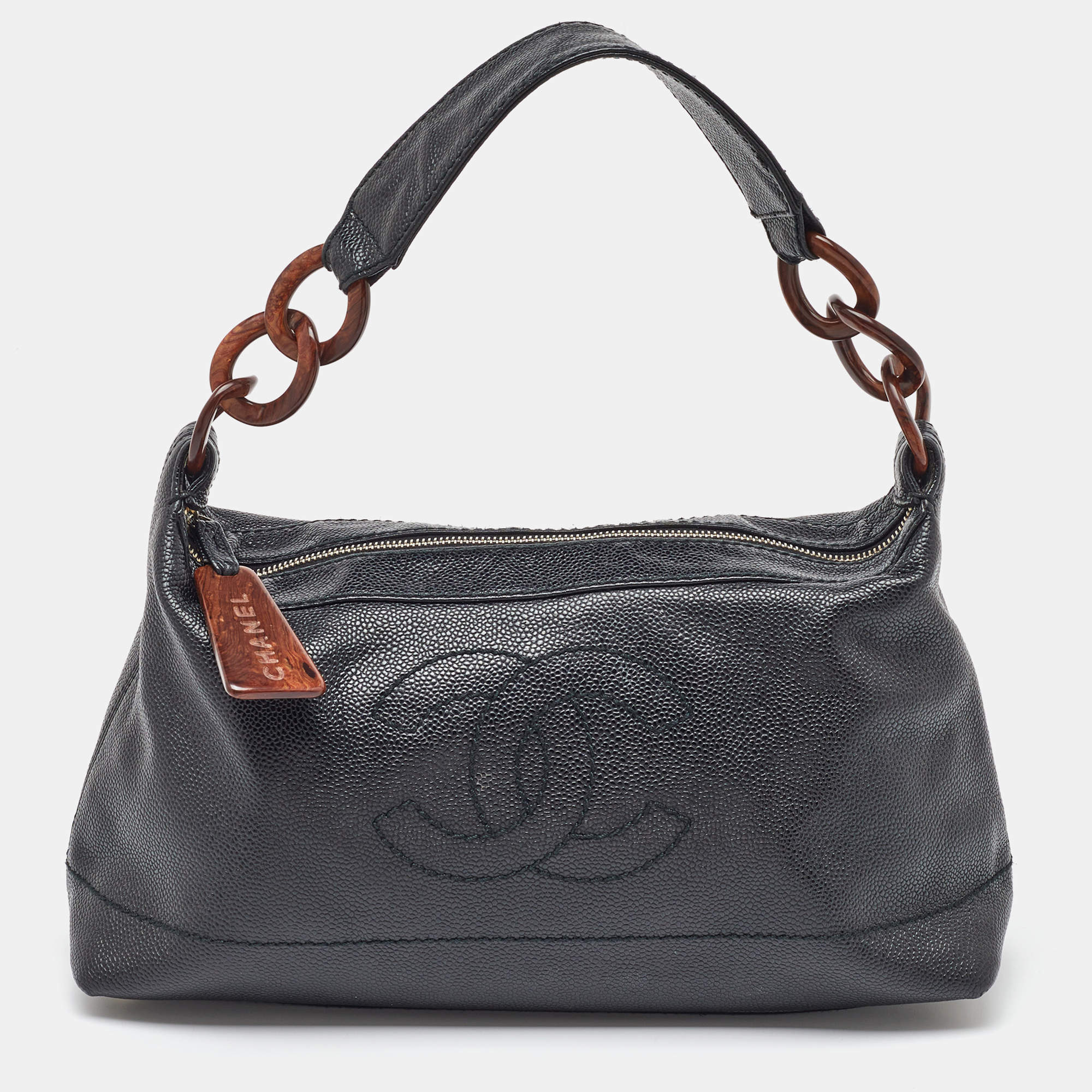 Pre Owned Chanel Black Leather Vintage CC Wood Chain Shoulder Bag