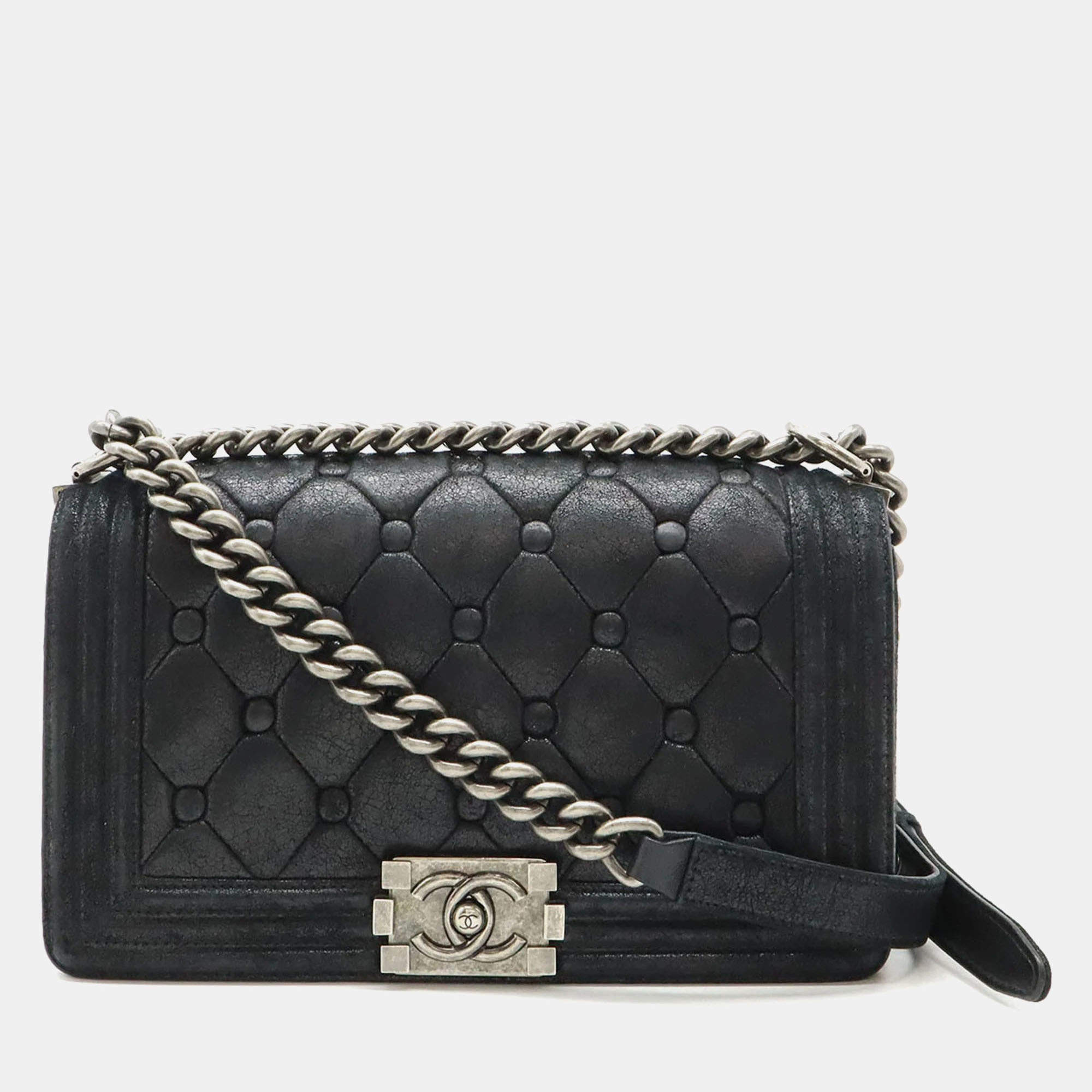 Pre Owned Chanel Black Suede and Leather Boy Shoulder Bag
