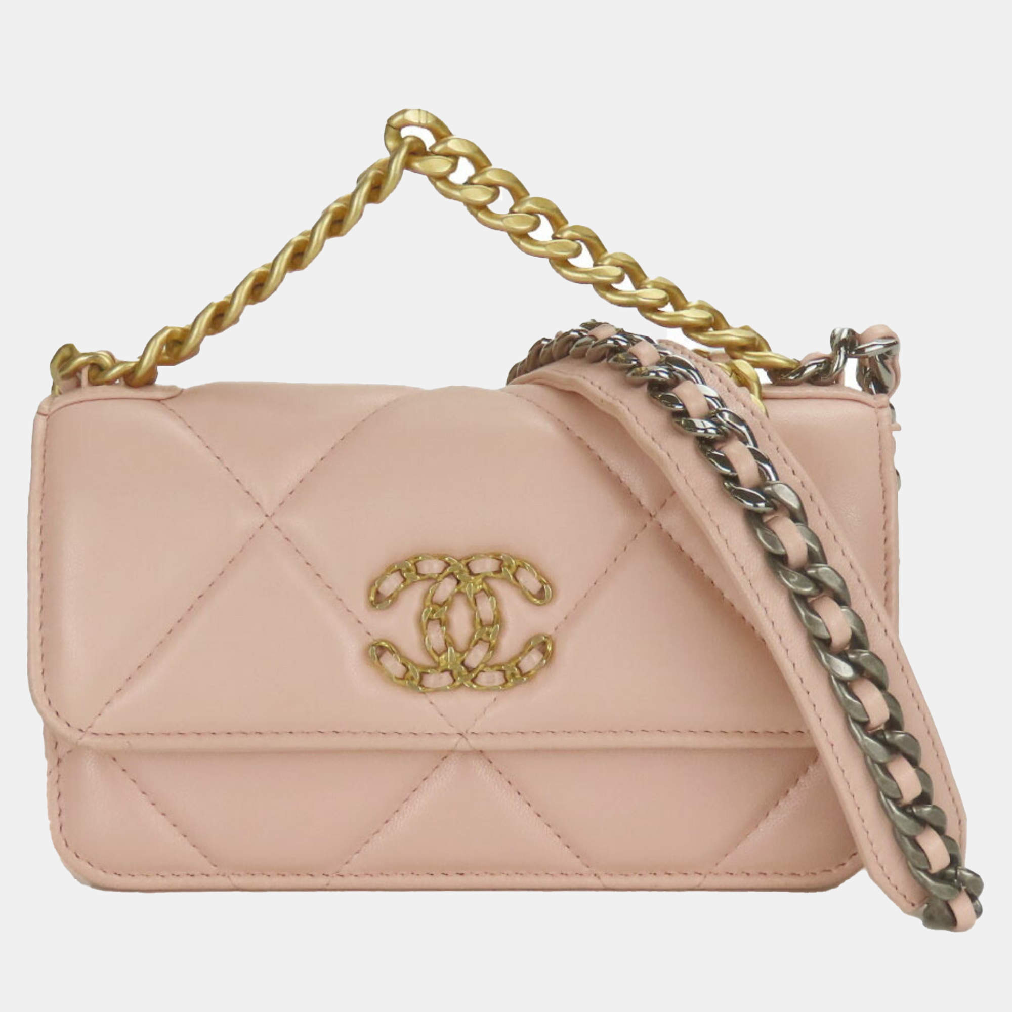 Chanel Shoulder Bag 19 Lambskin Pink Phone Chain Clutch