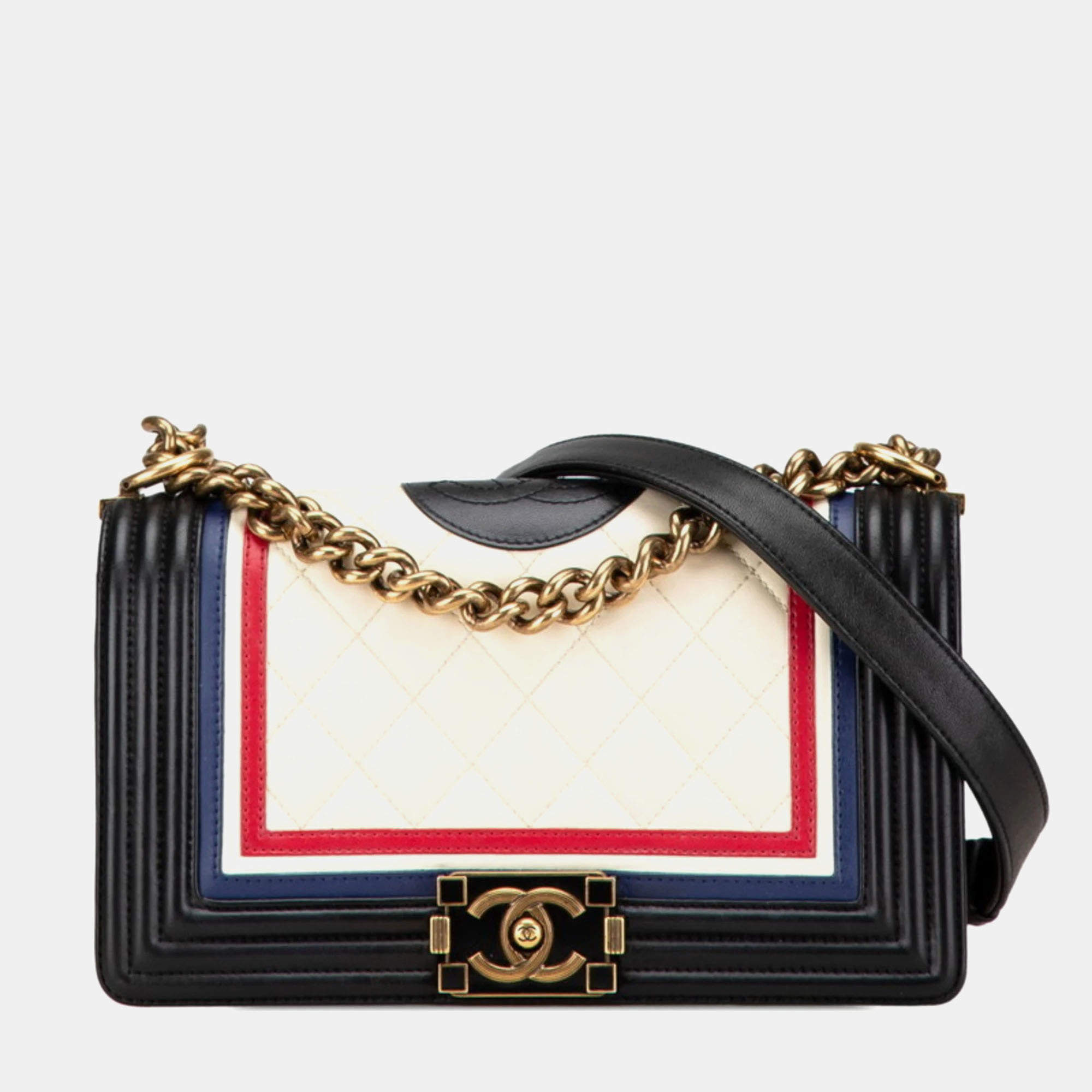 Pre Owned Chanel Black/White/Blue Lambskin Quilted Crest Embellished Medium Boy Flap Bag