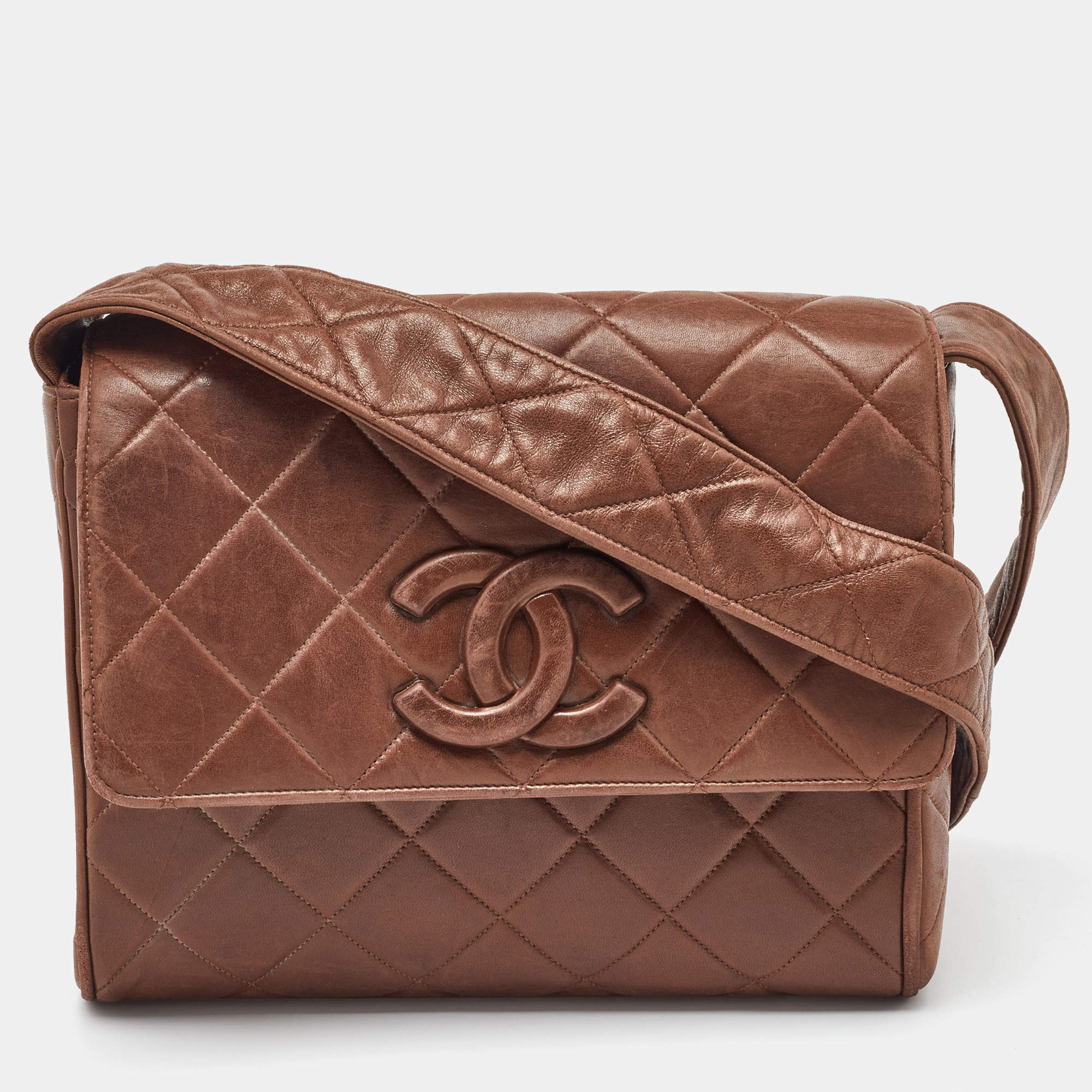 Chanel Brown Quilted Leather CC Flap Vintage Messenger Bag